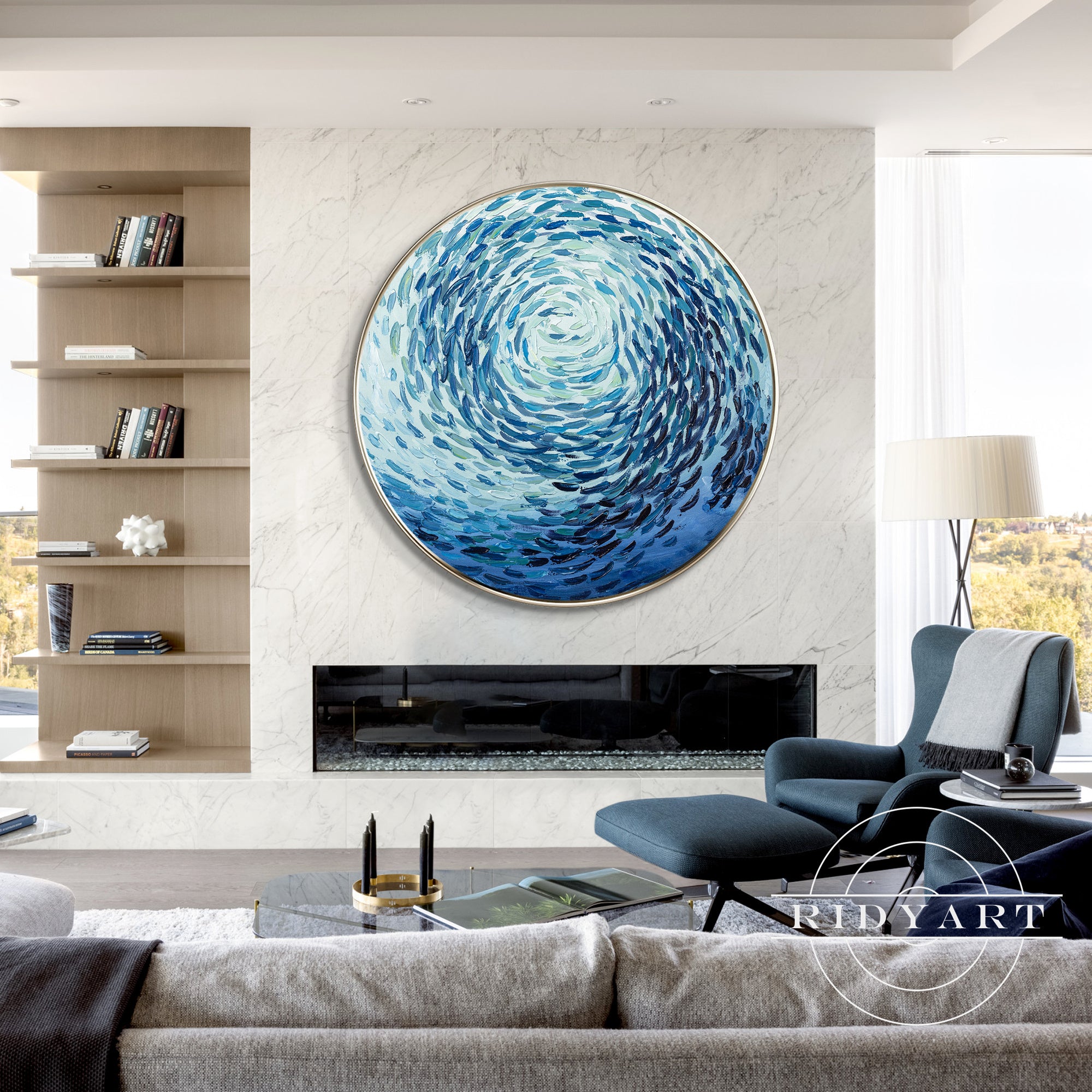 
Blue fish circle abstract wall art