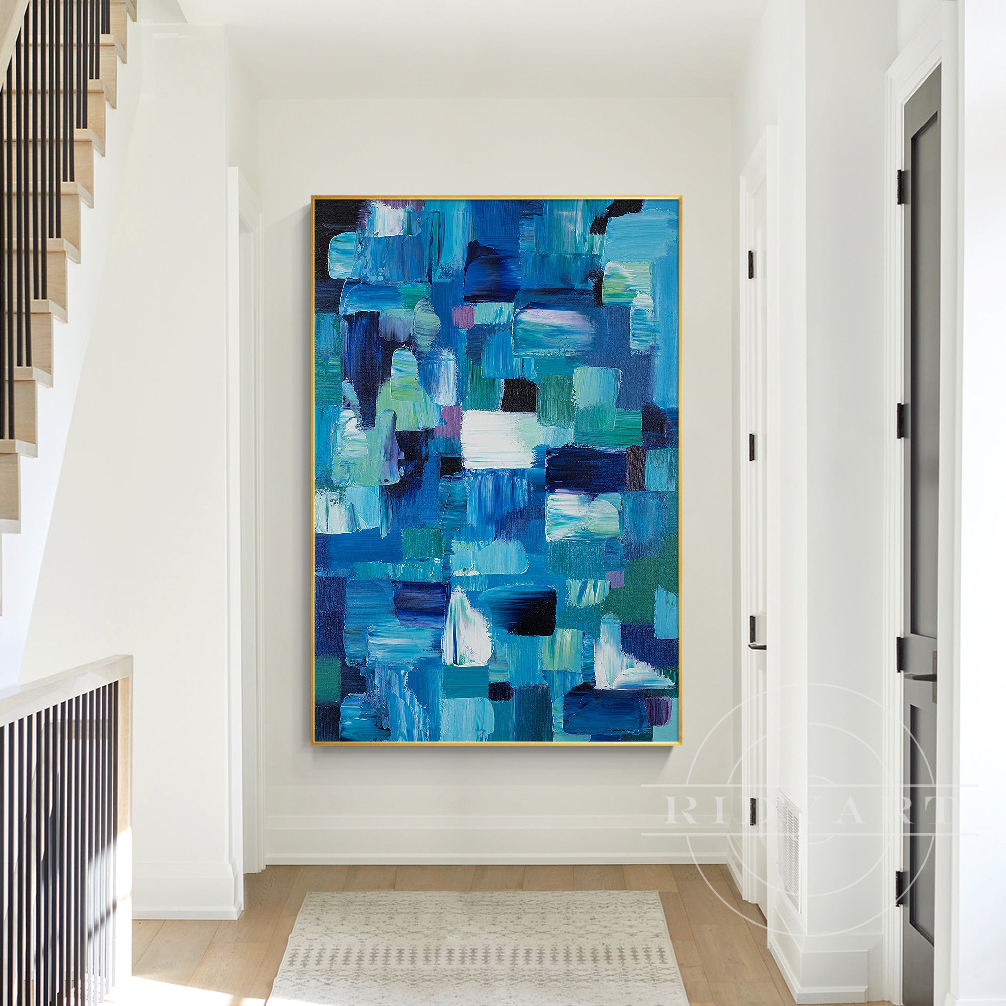 Blue geometric abstract artwork with textured layers and vibrant tones