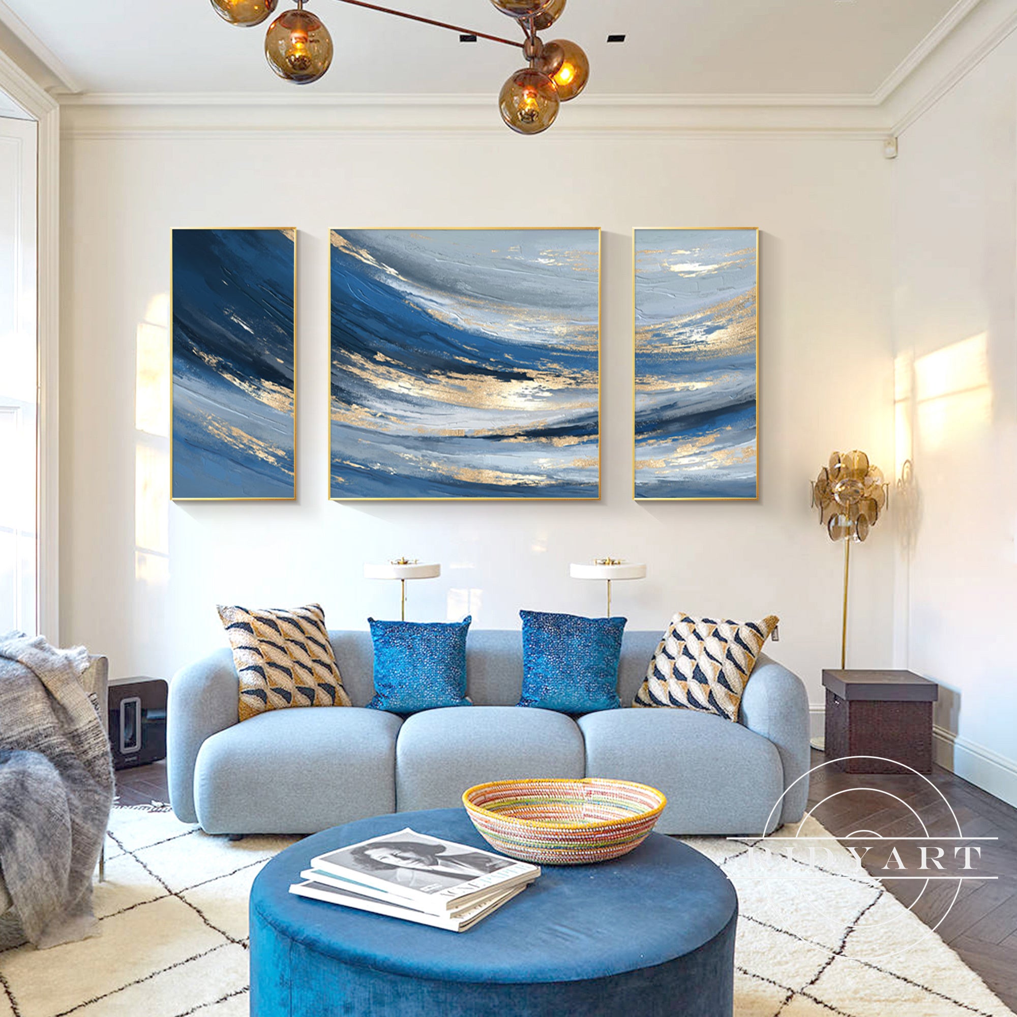 Blue and gold abstract wall art triptych for modern living room decor