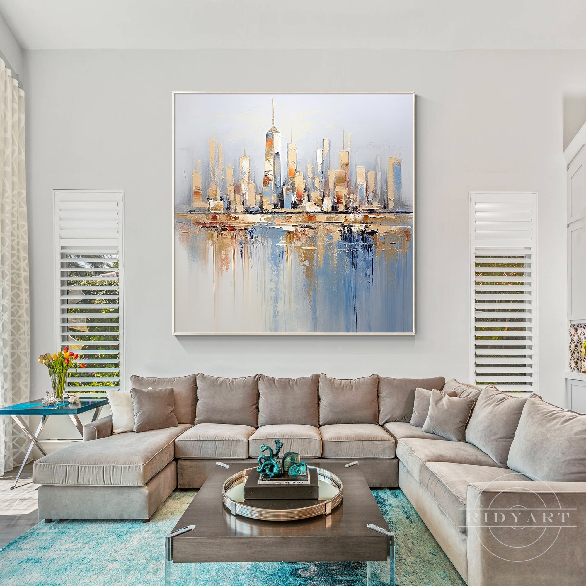 Contemporary textured city wall art with gold and blue accents.