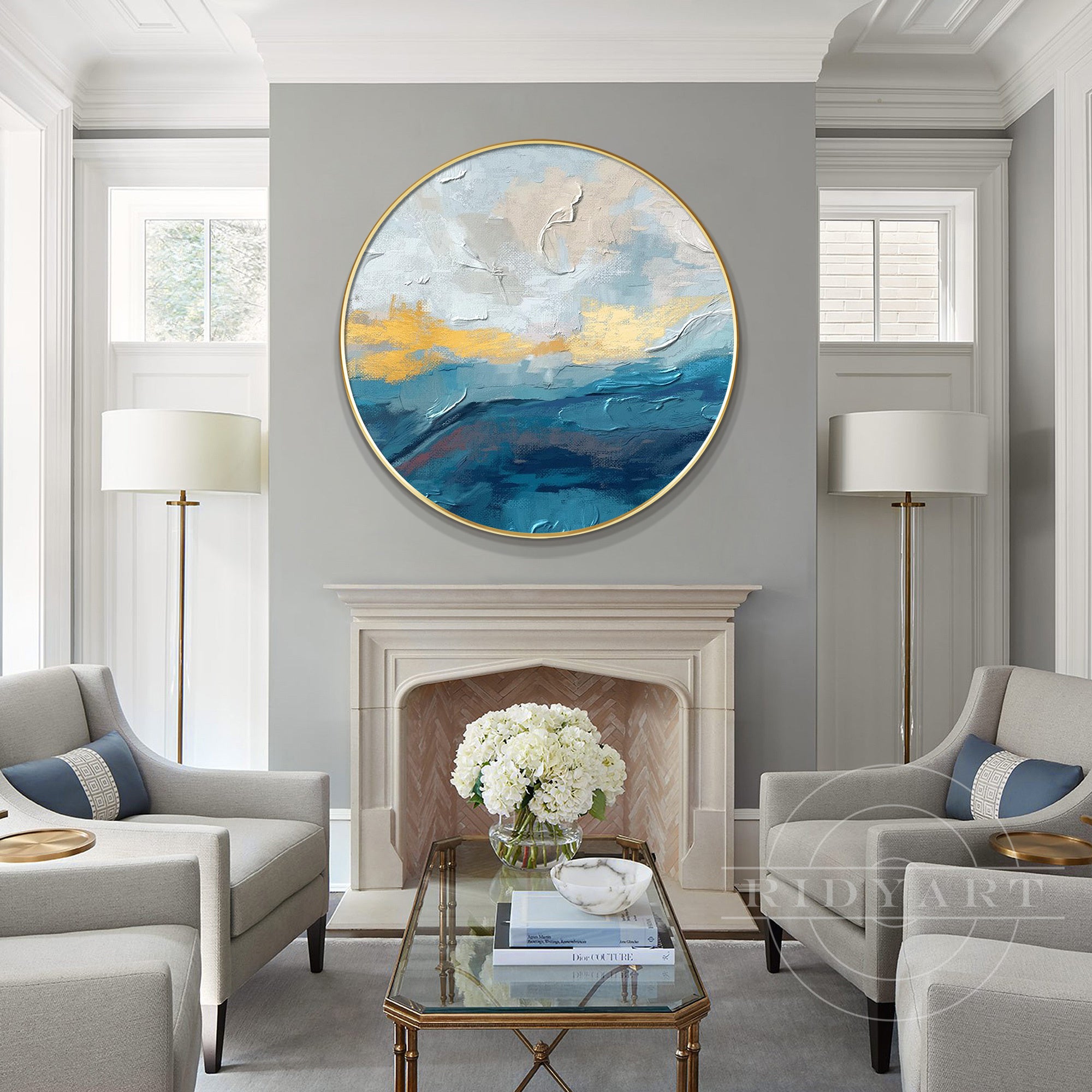 Blue and gold abstract circular painting for living room decor