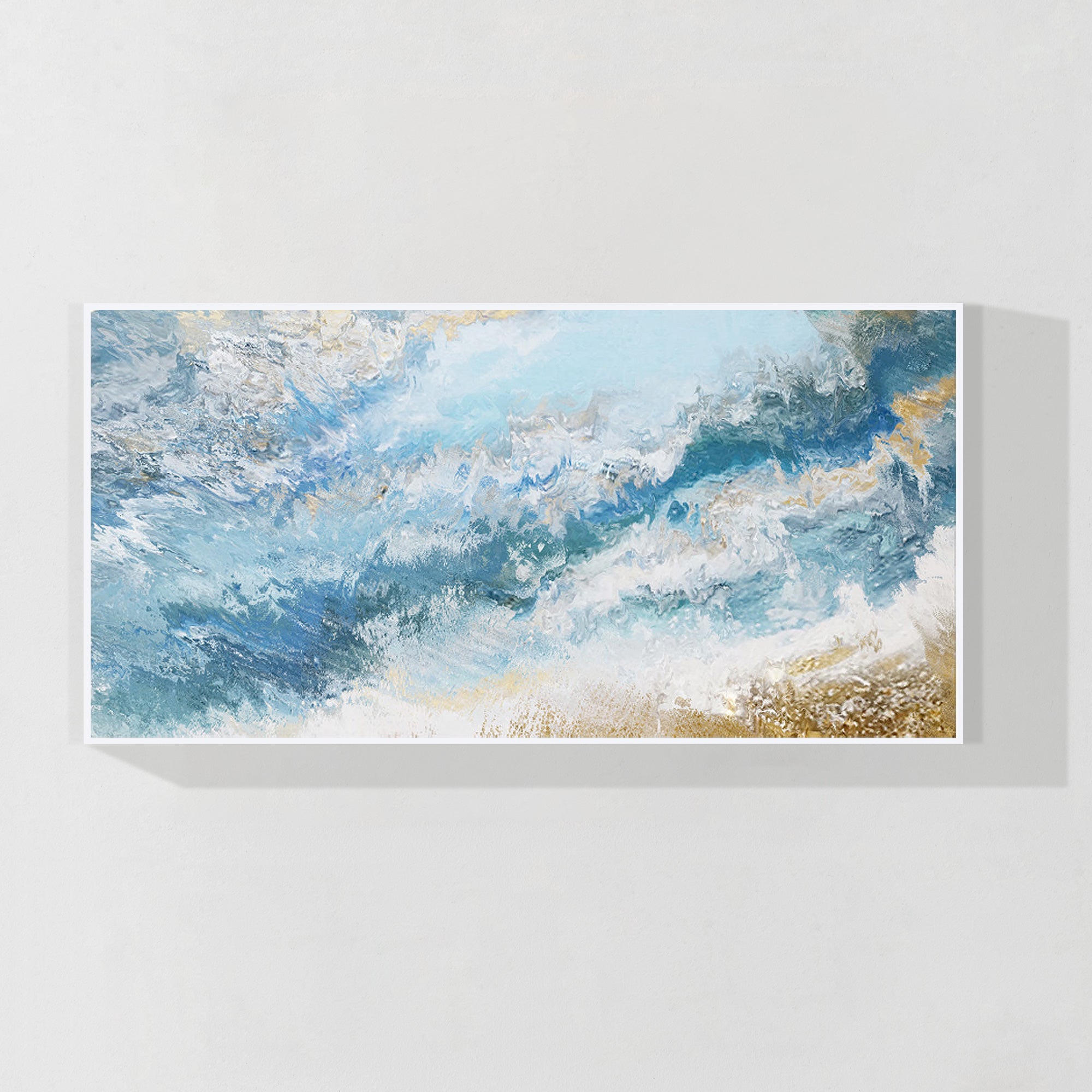 Blue and gold abstract ocean painting with white waves