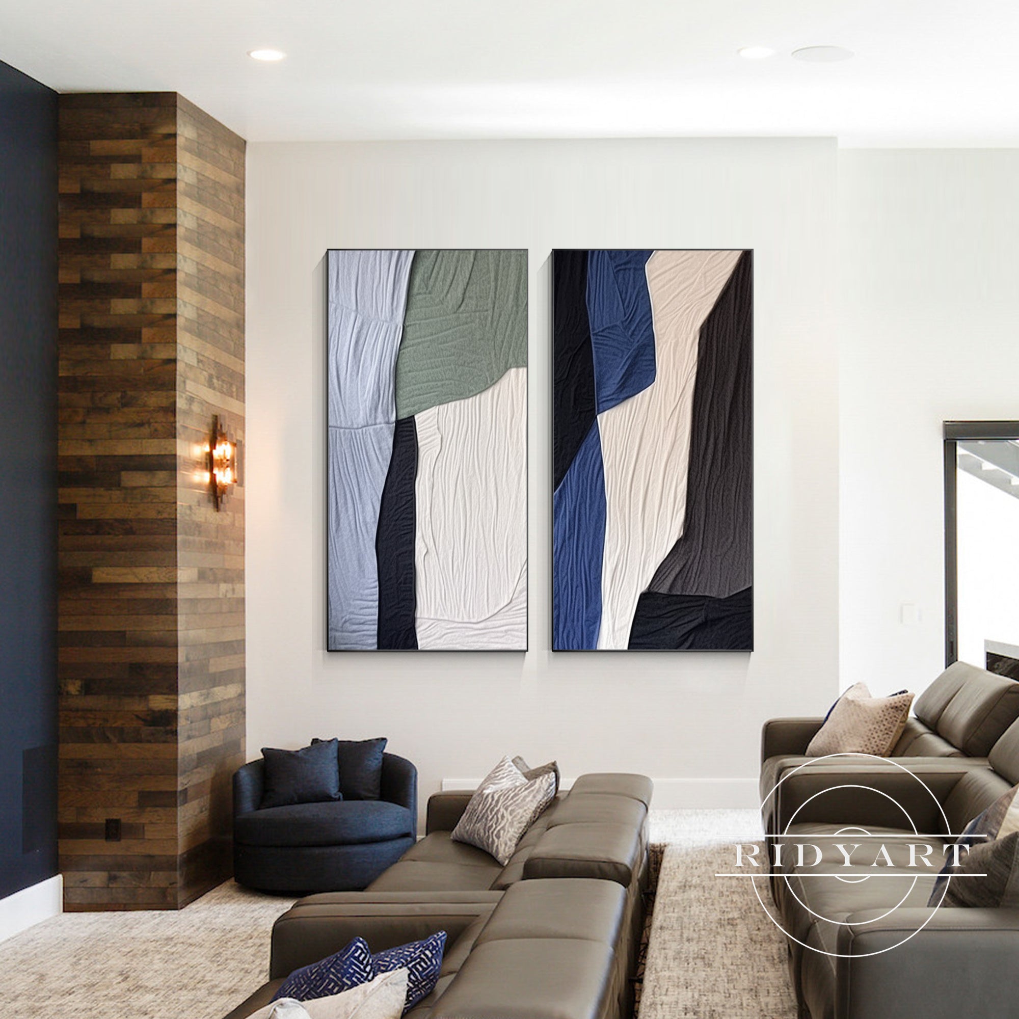 Dark blue green abstract plaster painting set