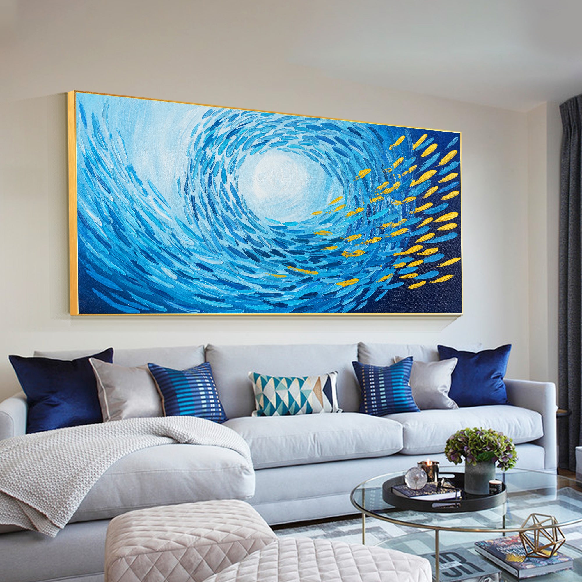 Abstract blue ocean painting with golden school of fish.