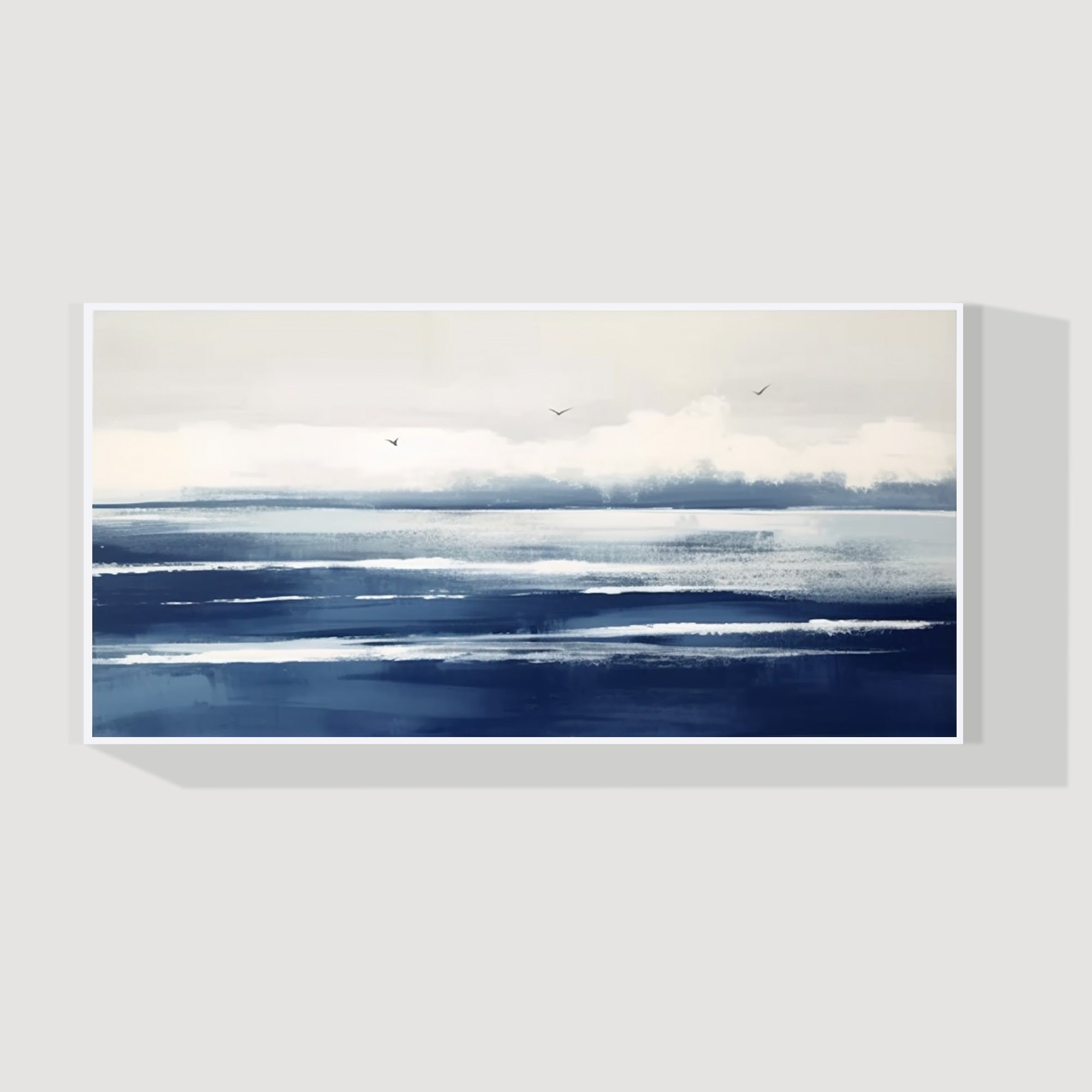 Minimalist blue ocean horizon painting on horizontal canvas