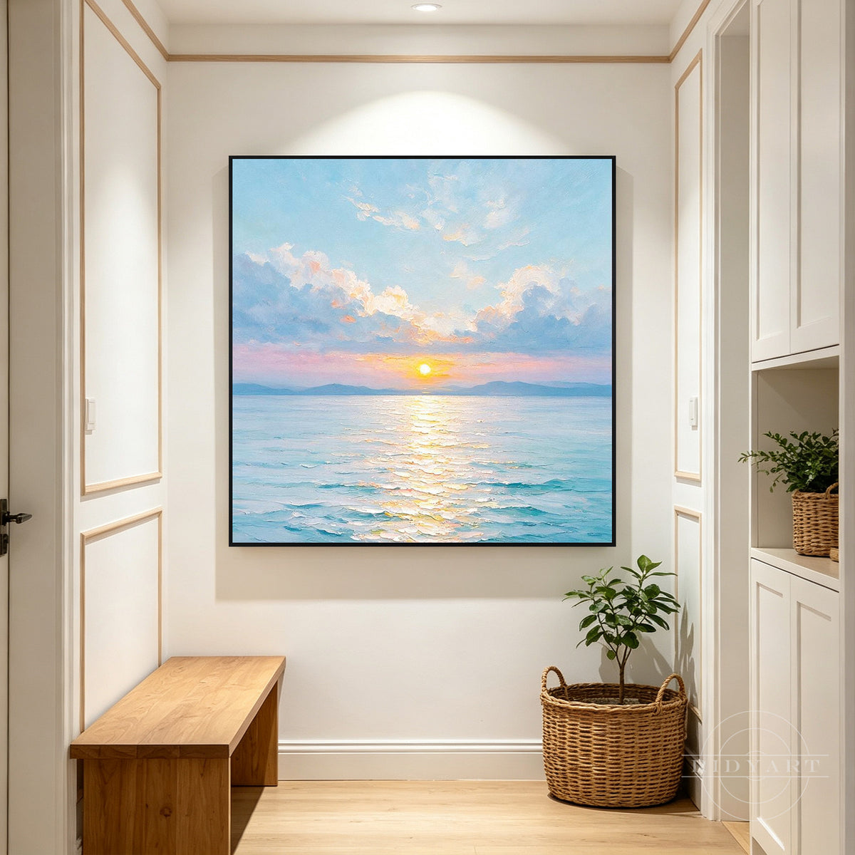 Blue and gold sunset seascape painting featuring shimmering sunlight reflected across calm ocean waves.