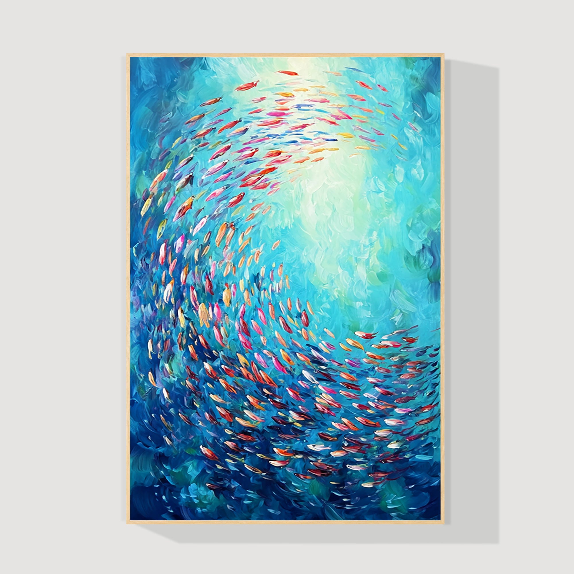 Blue school of fish painting with textured underwater scene