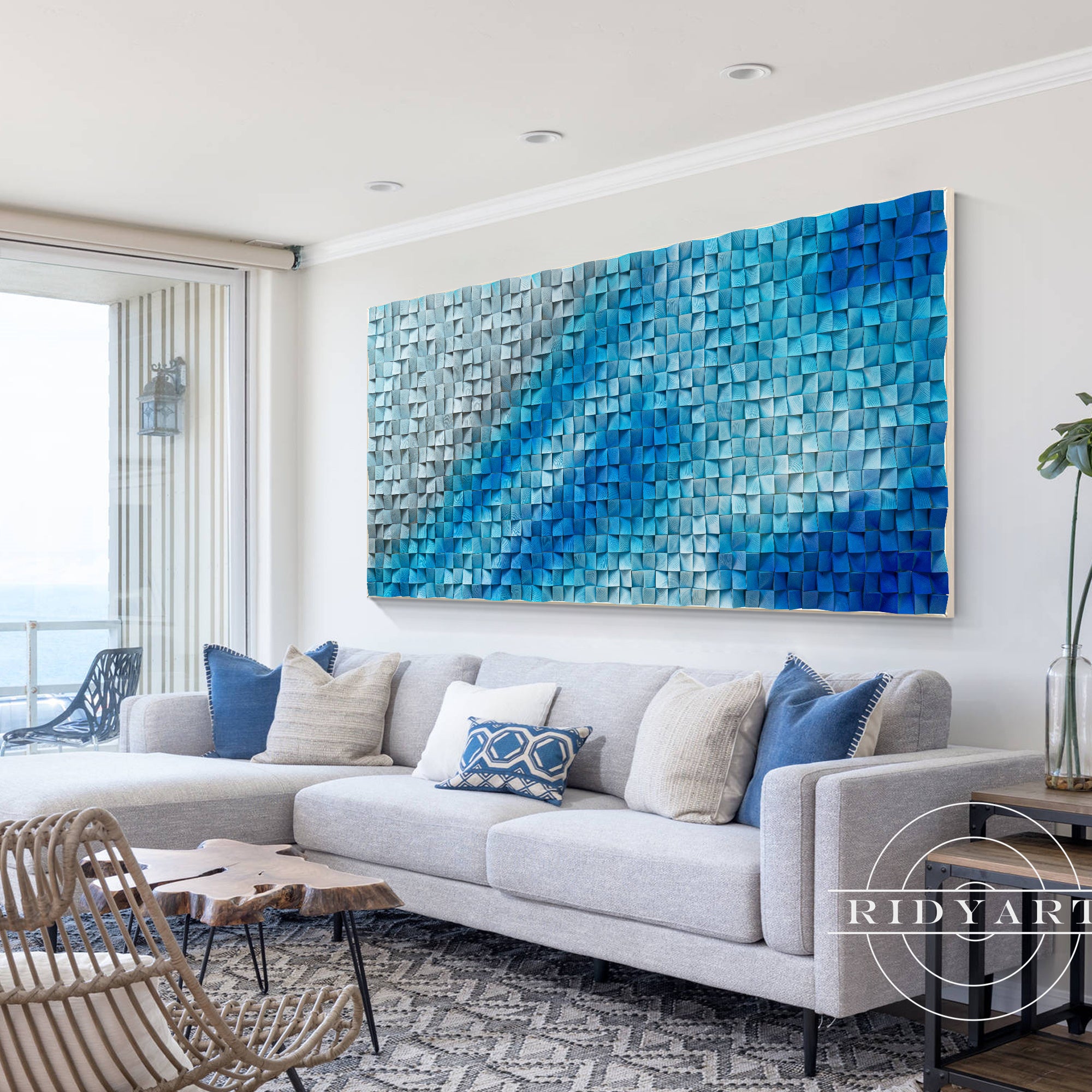 Reclaimed wood abstract ocean painting for living room