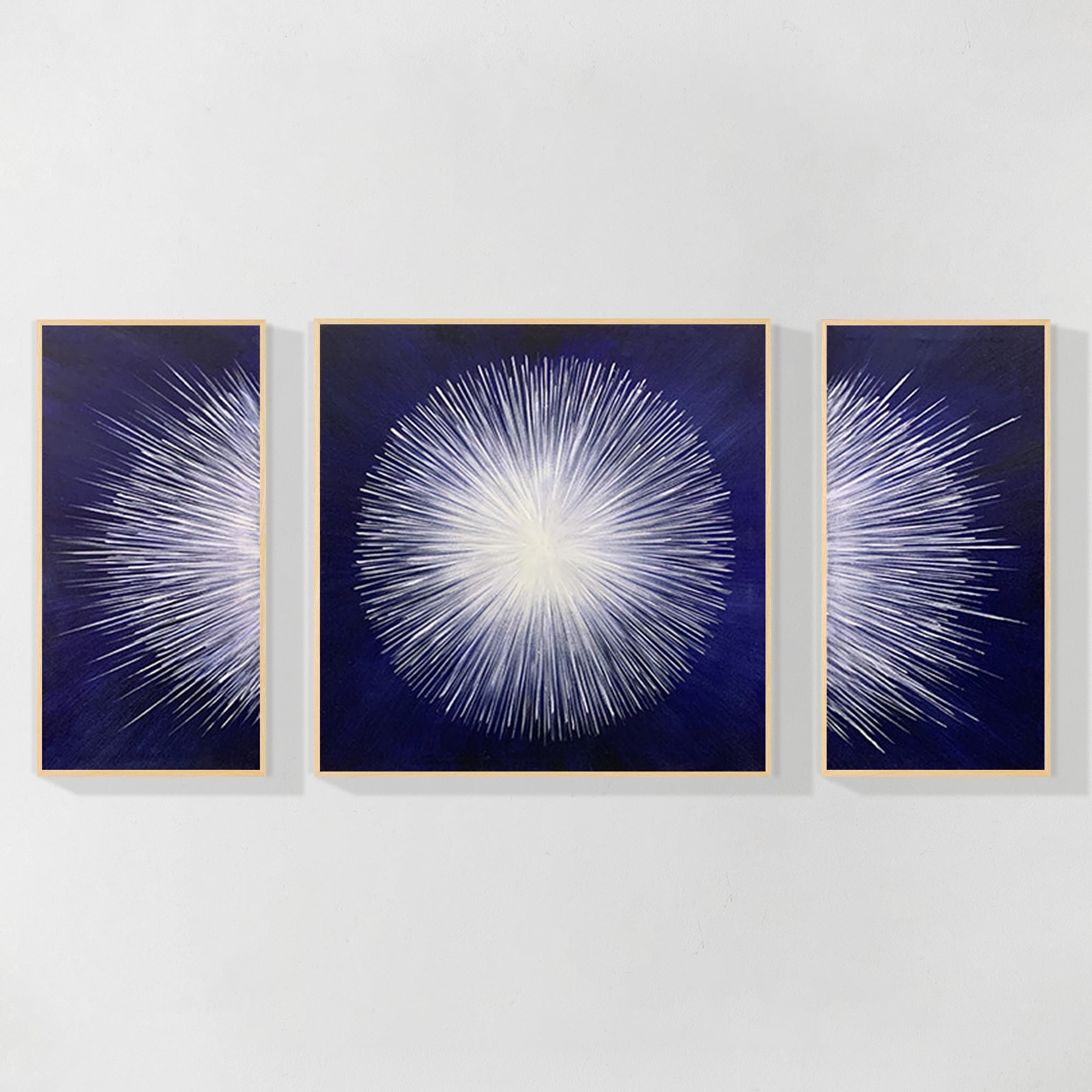 Blue white abstract solar burst painting set