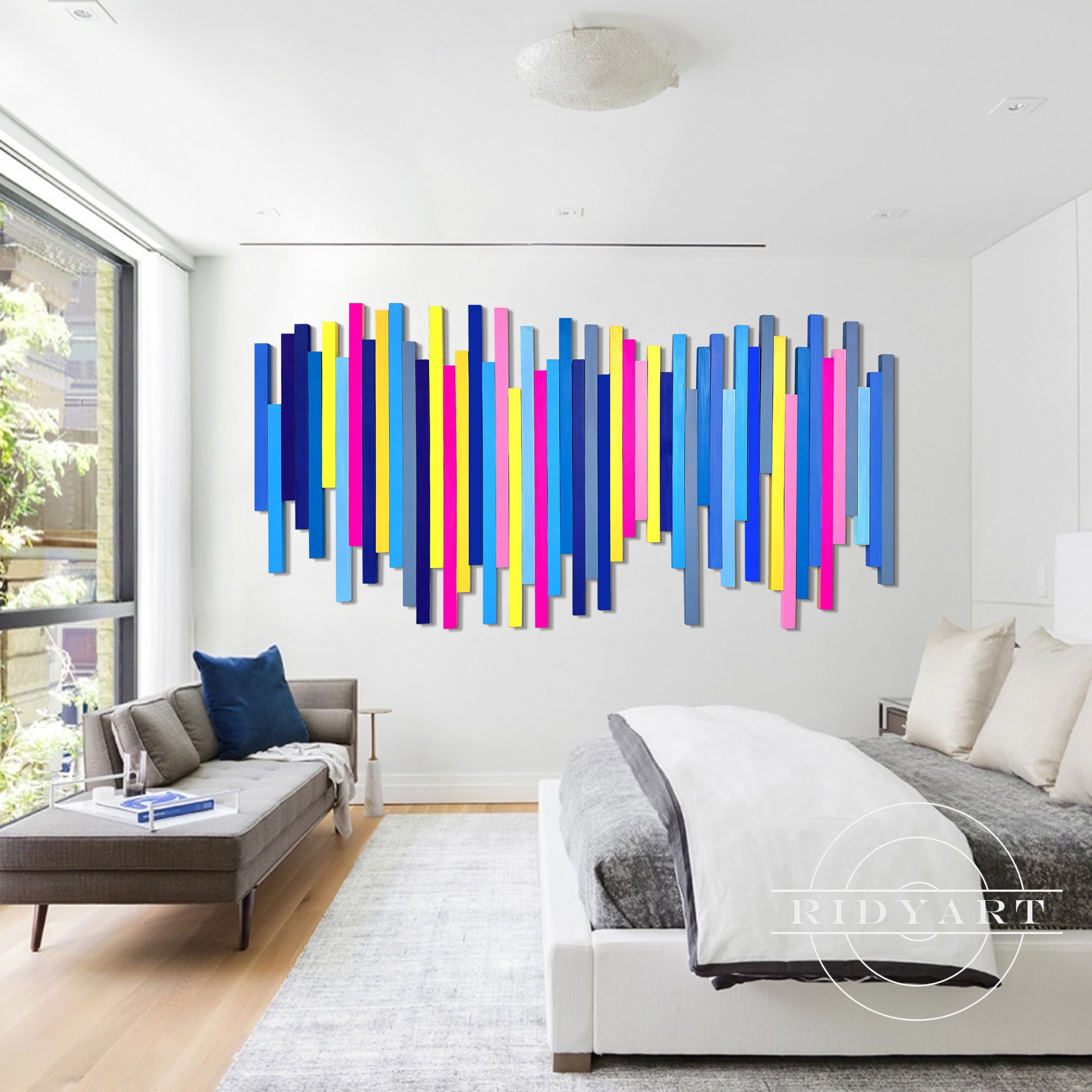 Blue wood wall art with rainbow sound wave design