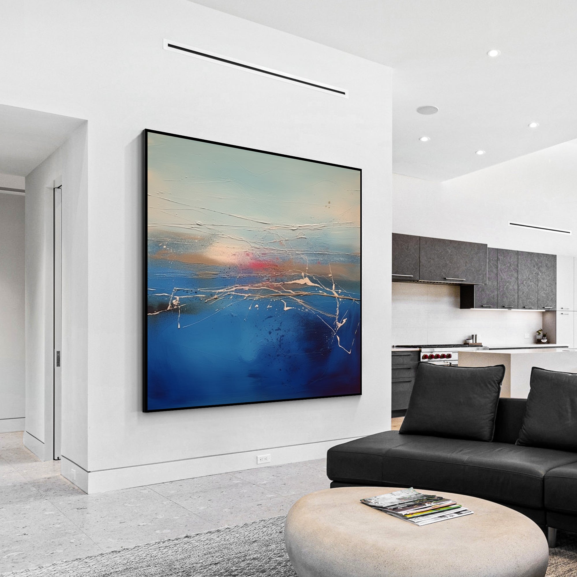 Blue abstract painting with textured sunrise over the ocean. Square wall art for living rooms, bedrooms, and coastal decor.

