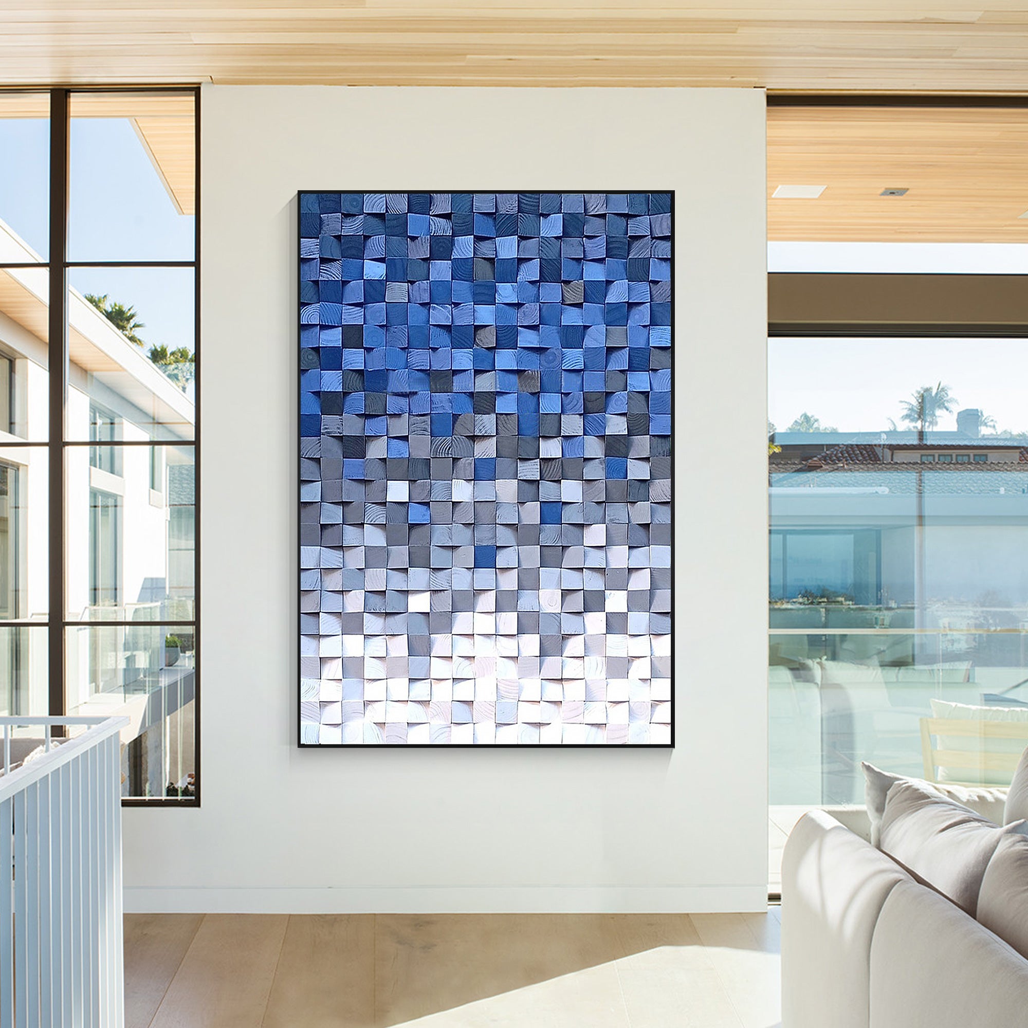 handmade wooden mosaic wall art blue gray design