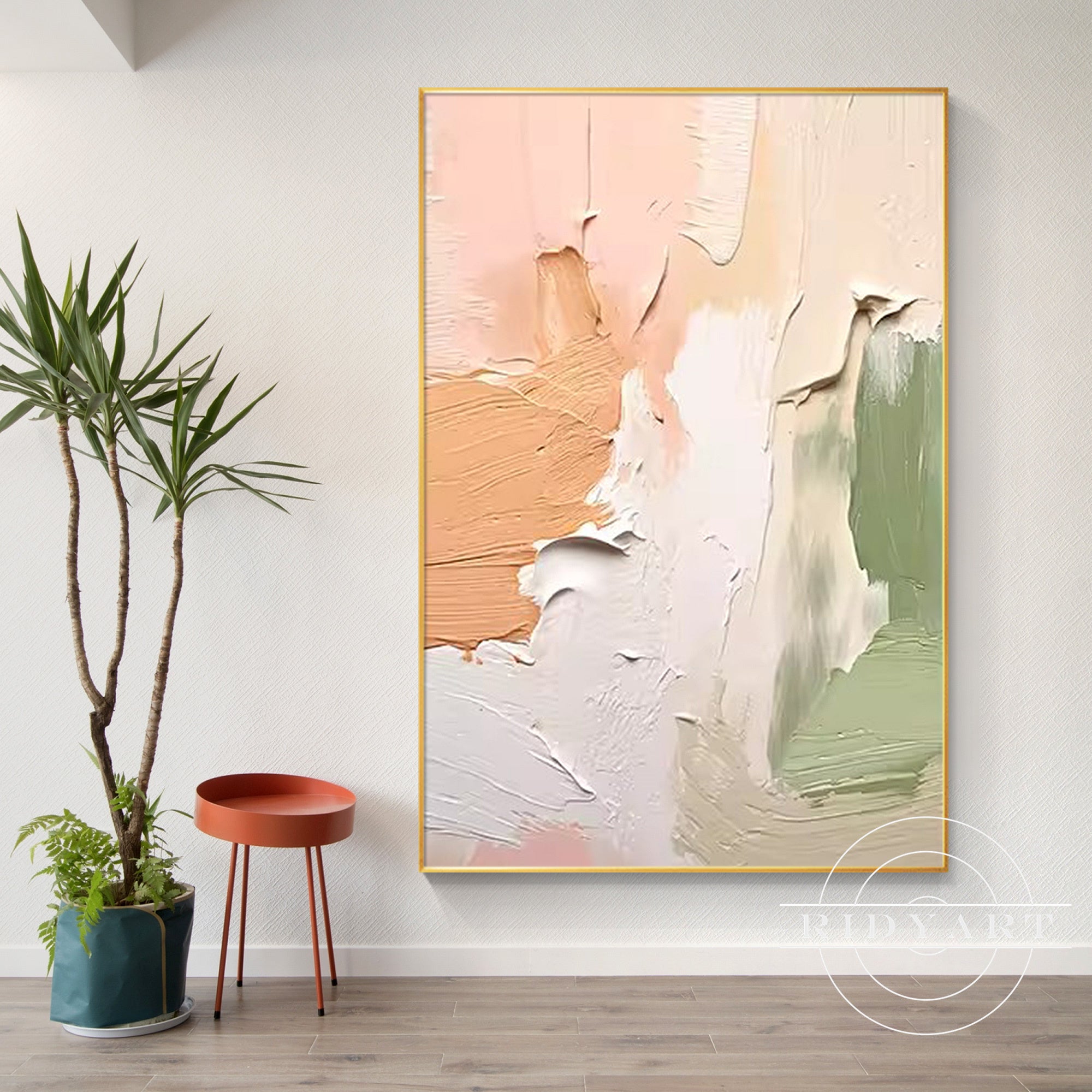 Boho-inspired beige and green abstract painting for living room decor.