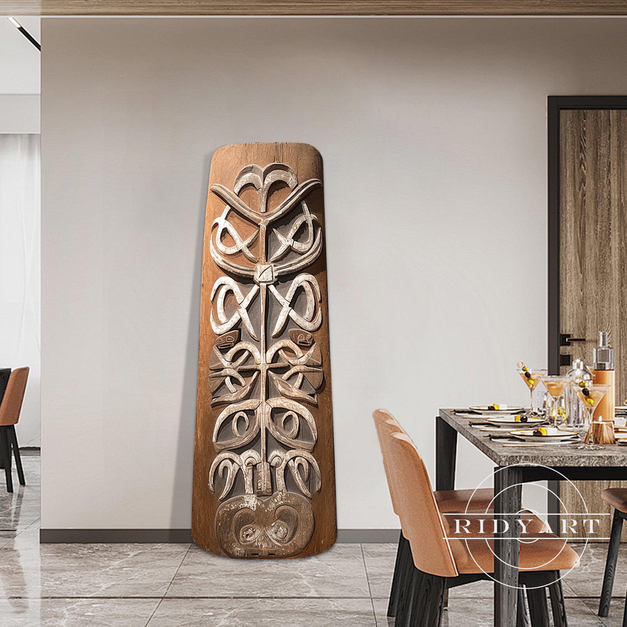 Boho tribal wood carving for living room
