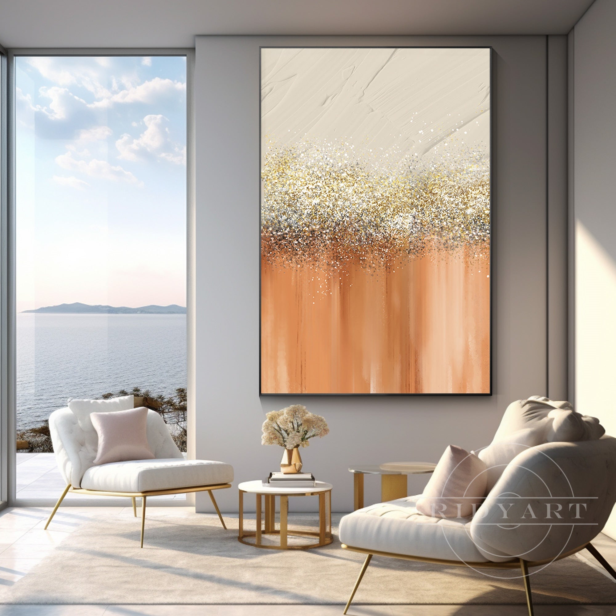 Modern abstract glitter wall art in gold, silver, and orange tones