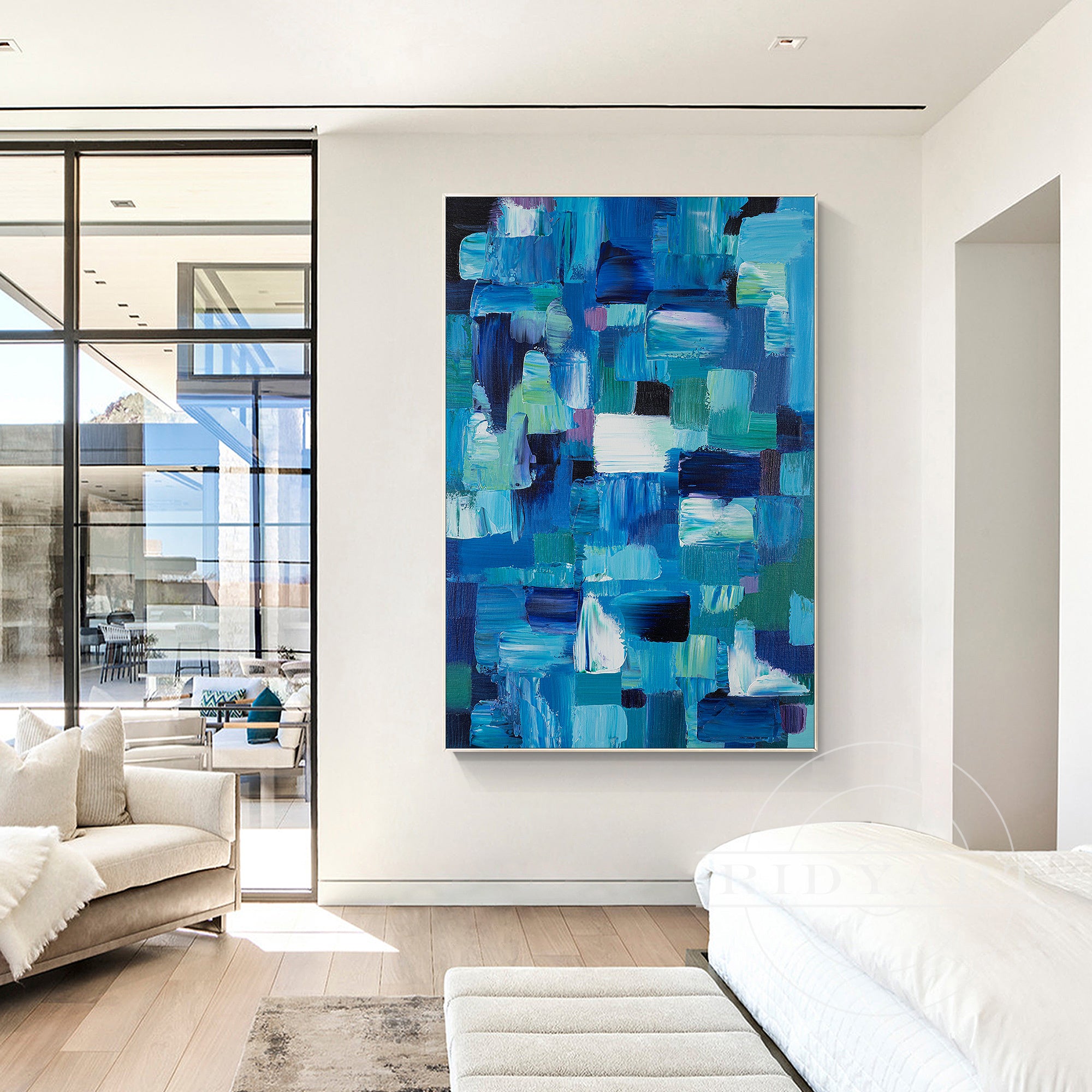 Abstract blue texture painting showcasing bold color blocks and depth