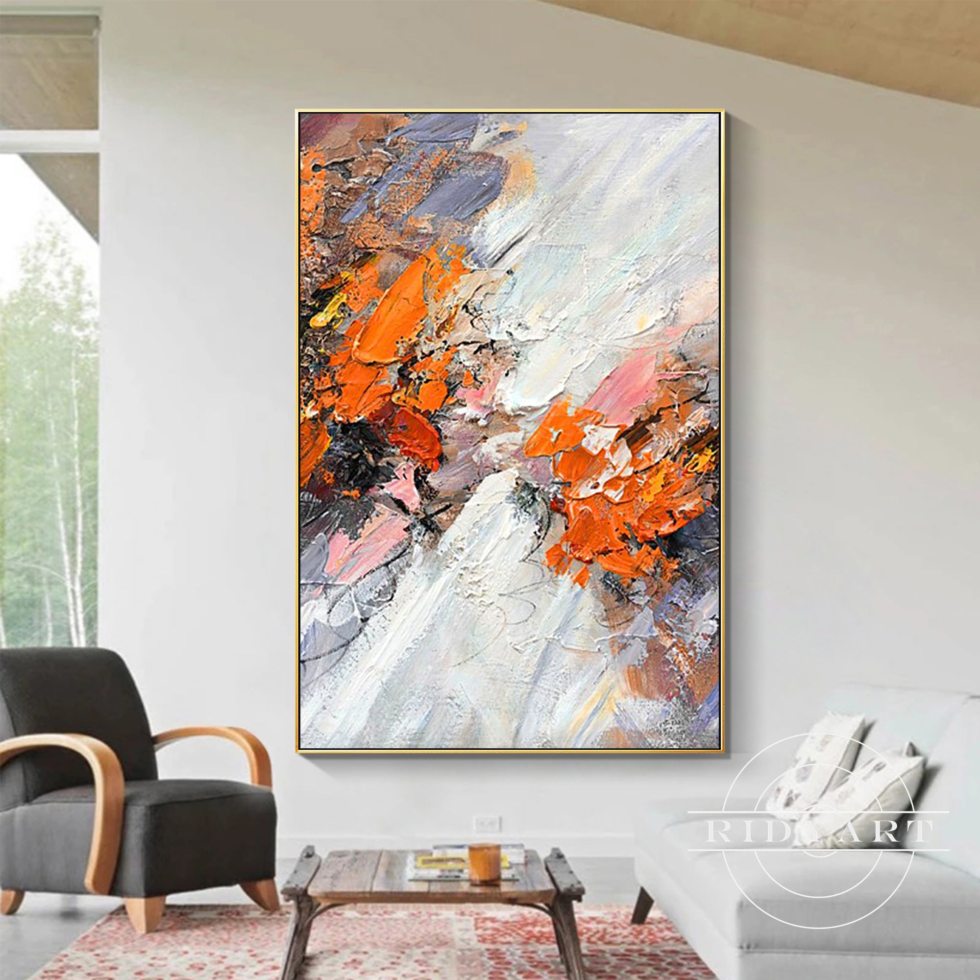 Abstract textured painting with bold orange and earthy tones.