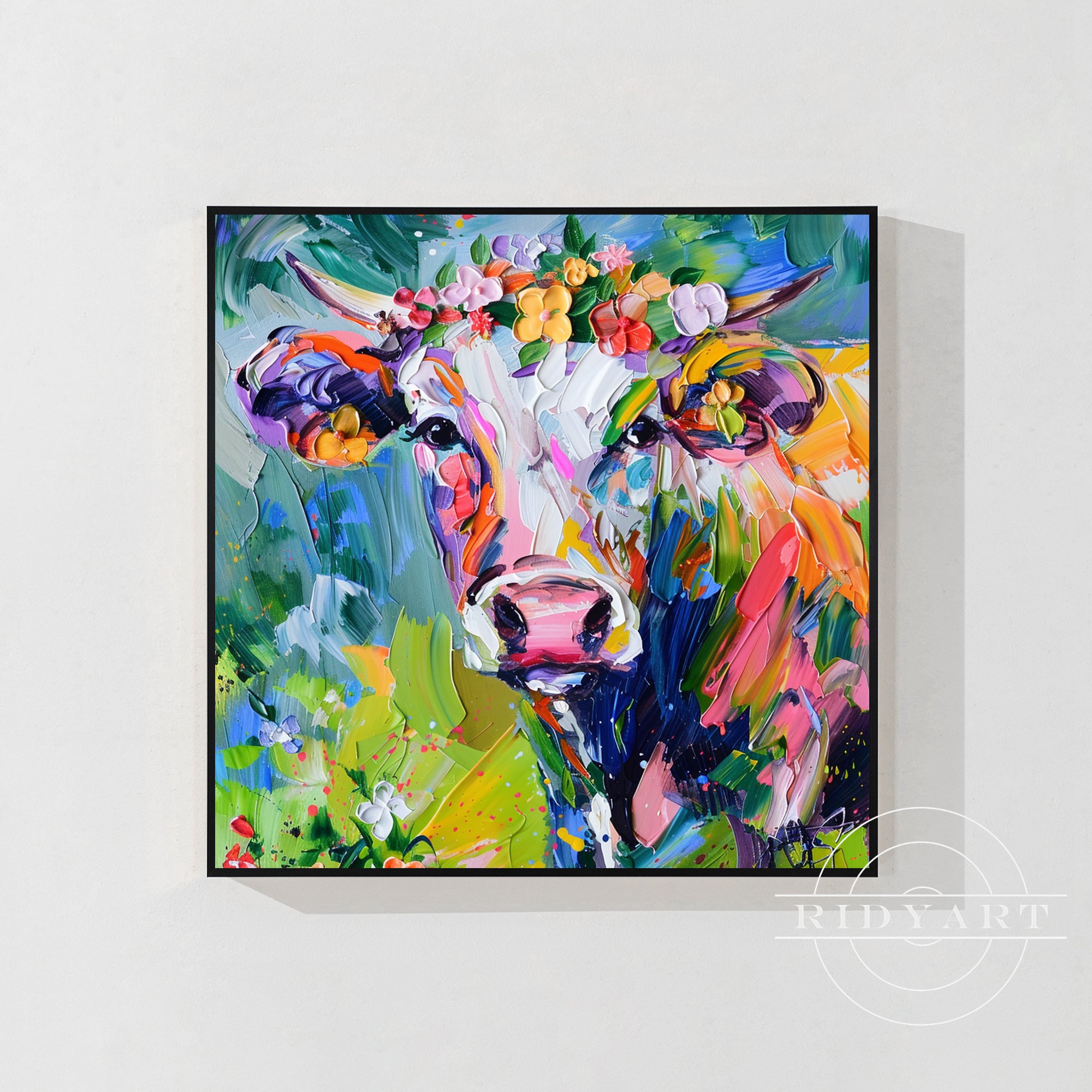 Bright colorful cow portrait wall art on textured acrylic canvas
