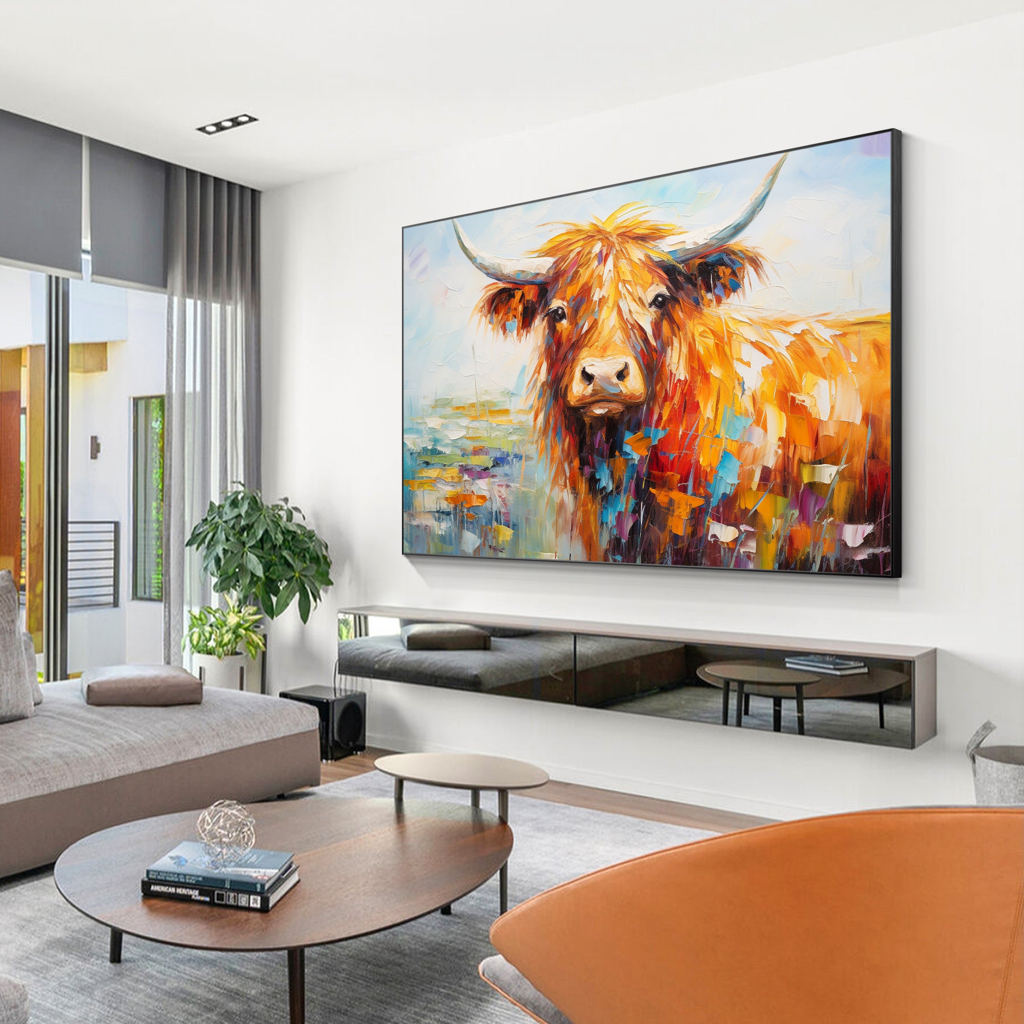 Bright colorful yak texture painting on canvas with vibrant colors.

