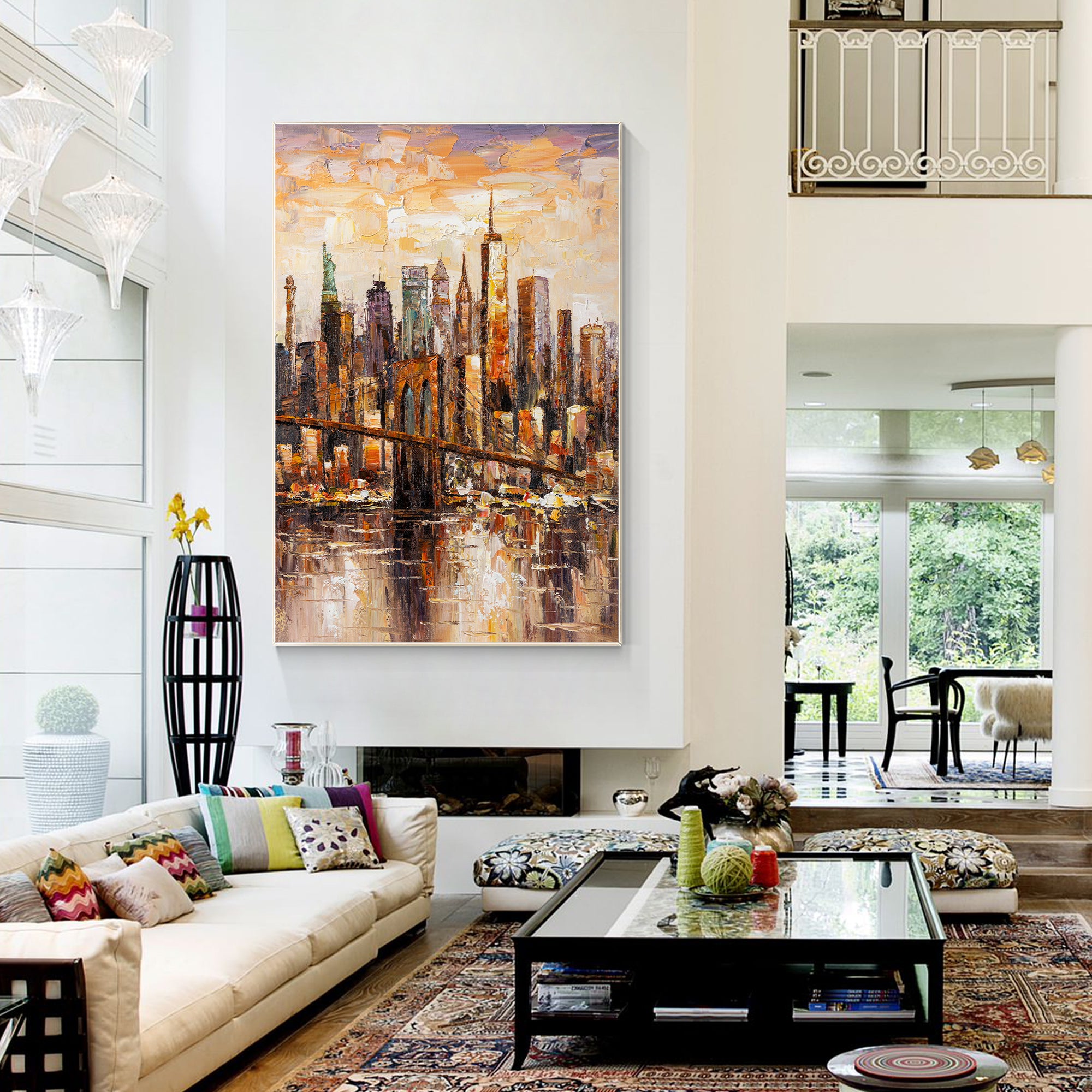 Abstract Brooklyn skyline textured painting, modern cityscape wall art for living room decor.