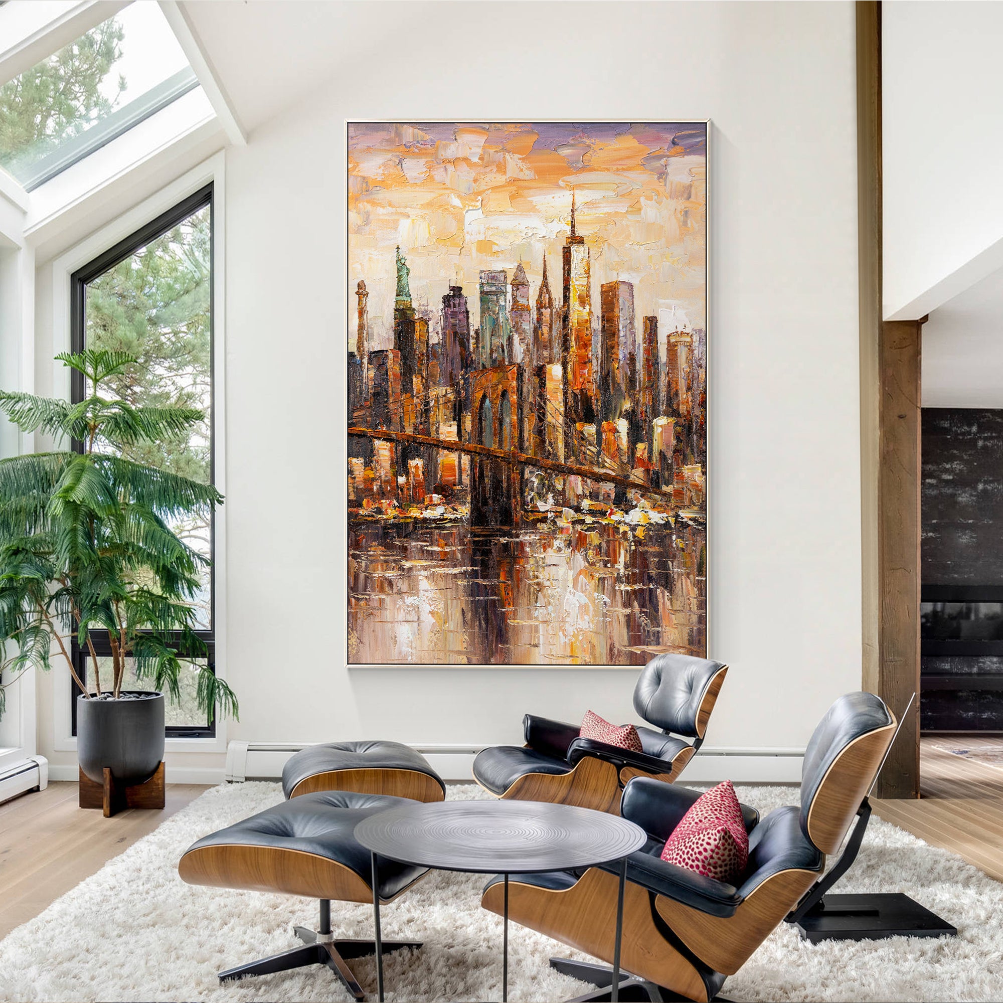 Abstract cityscape painting of Brooklyn skyline, textured canvas artwork for modern decor.