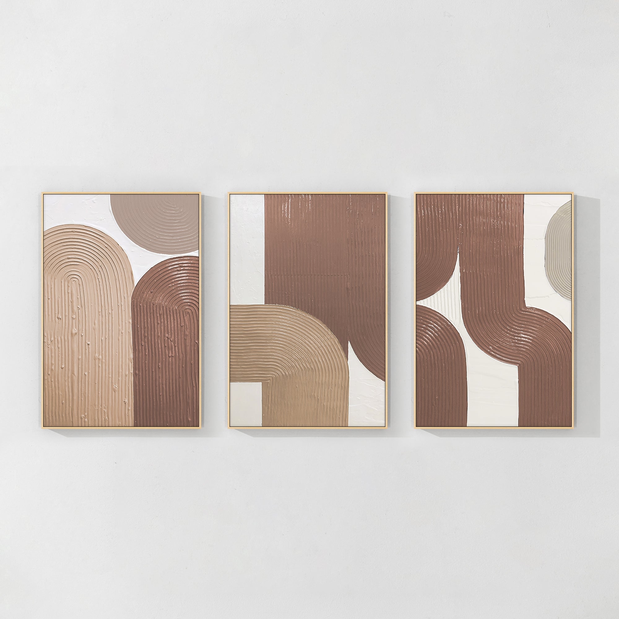 brown abstract art set of three geometric canvases