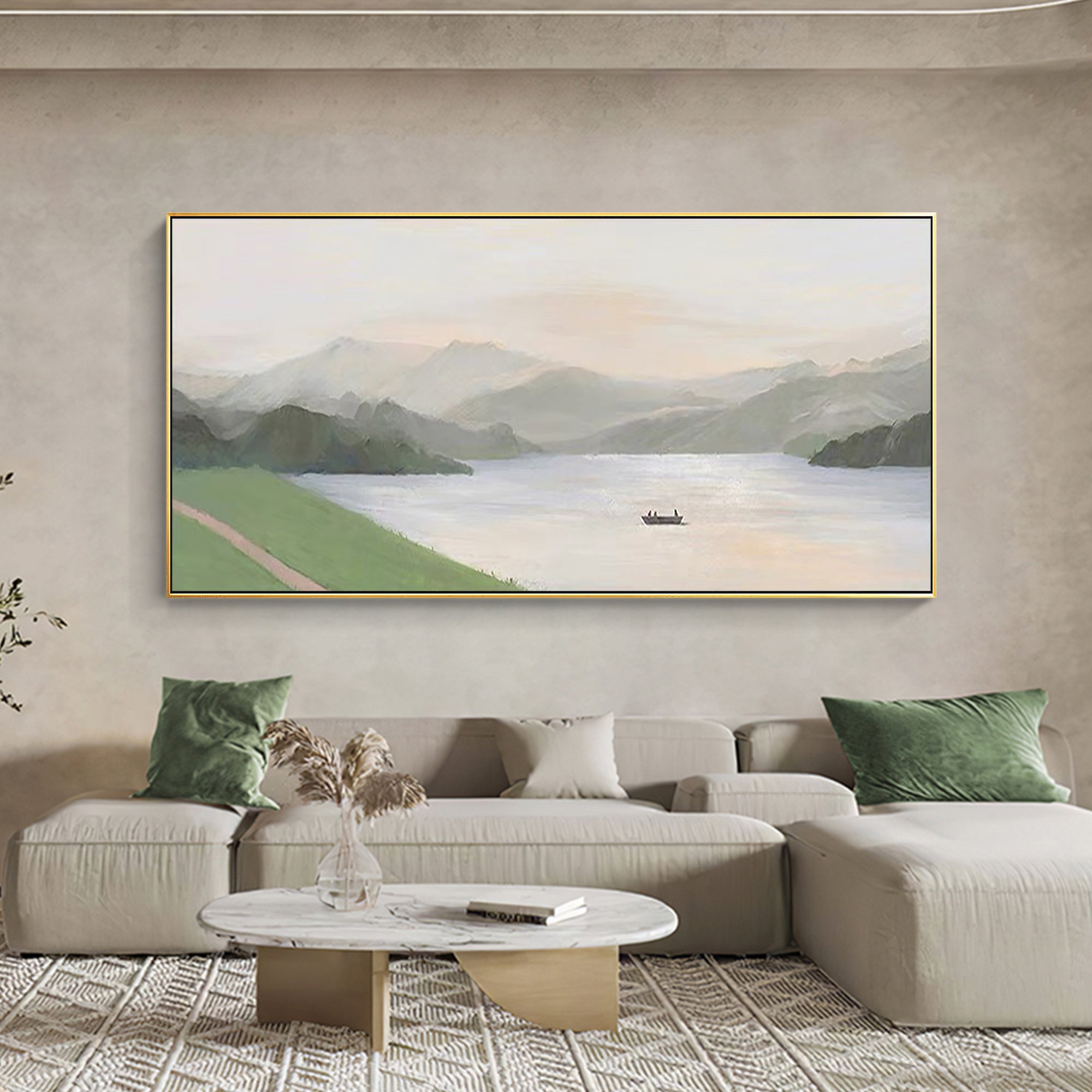 Calming sage green mountain and lake landscape painting for home decor.