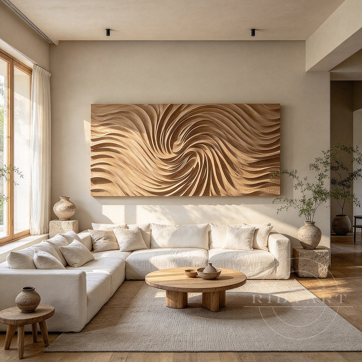 Handcrafted carved wood wave wall art with spiral vortex pattern on natural oak