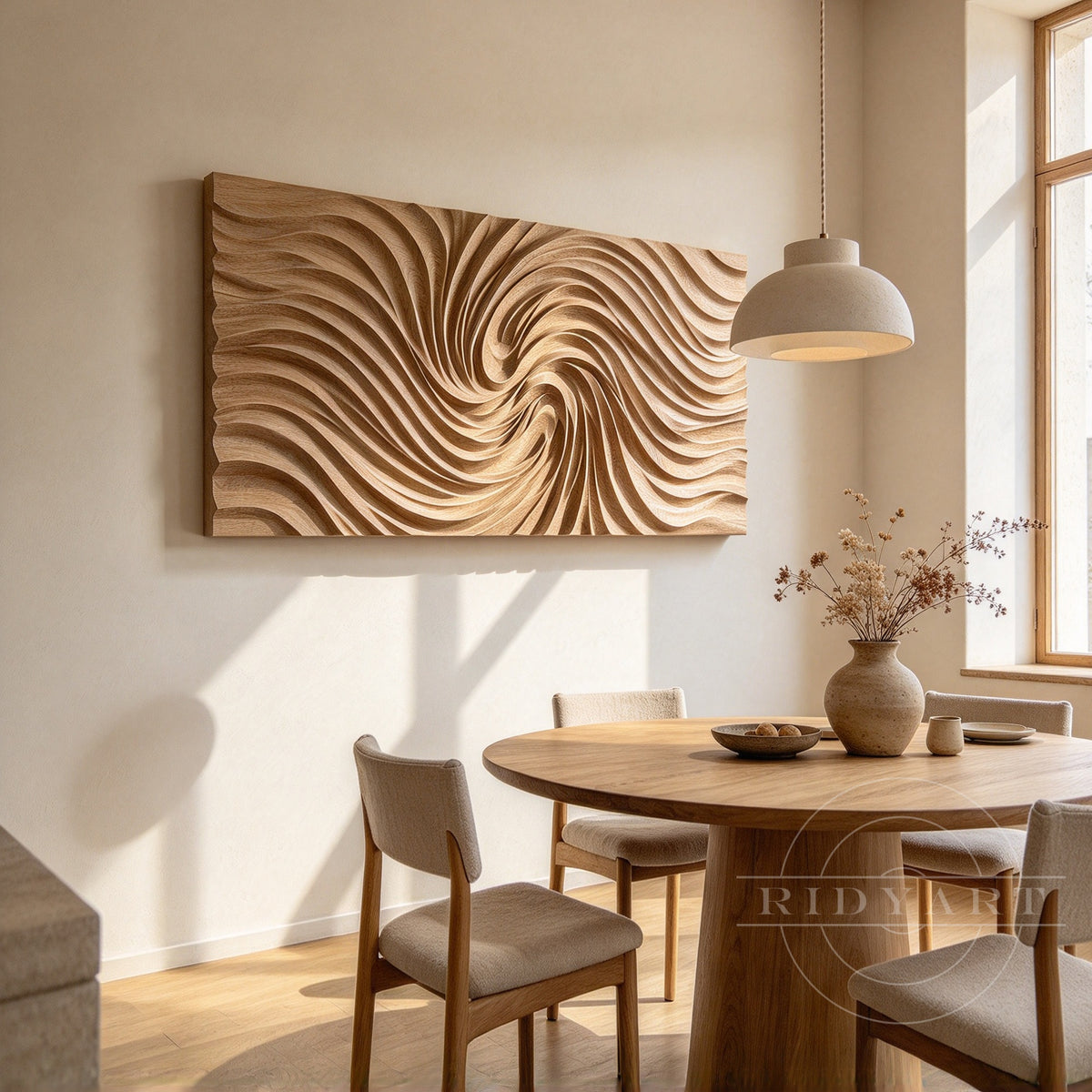 Detail of sculpted ridges and deep shadows revealing natural wood grain