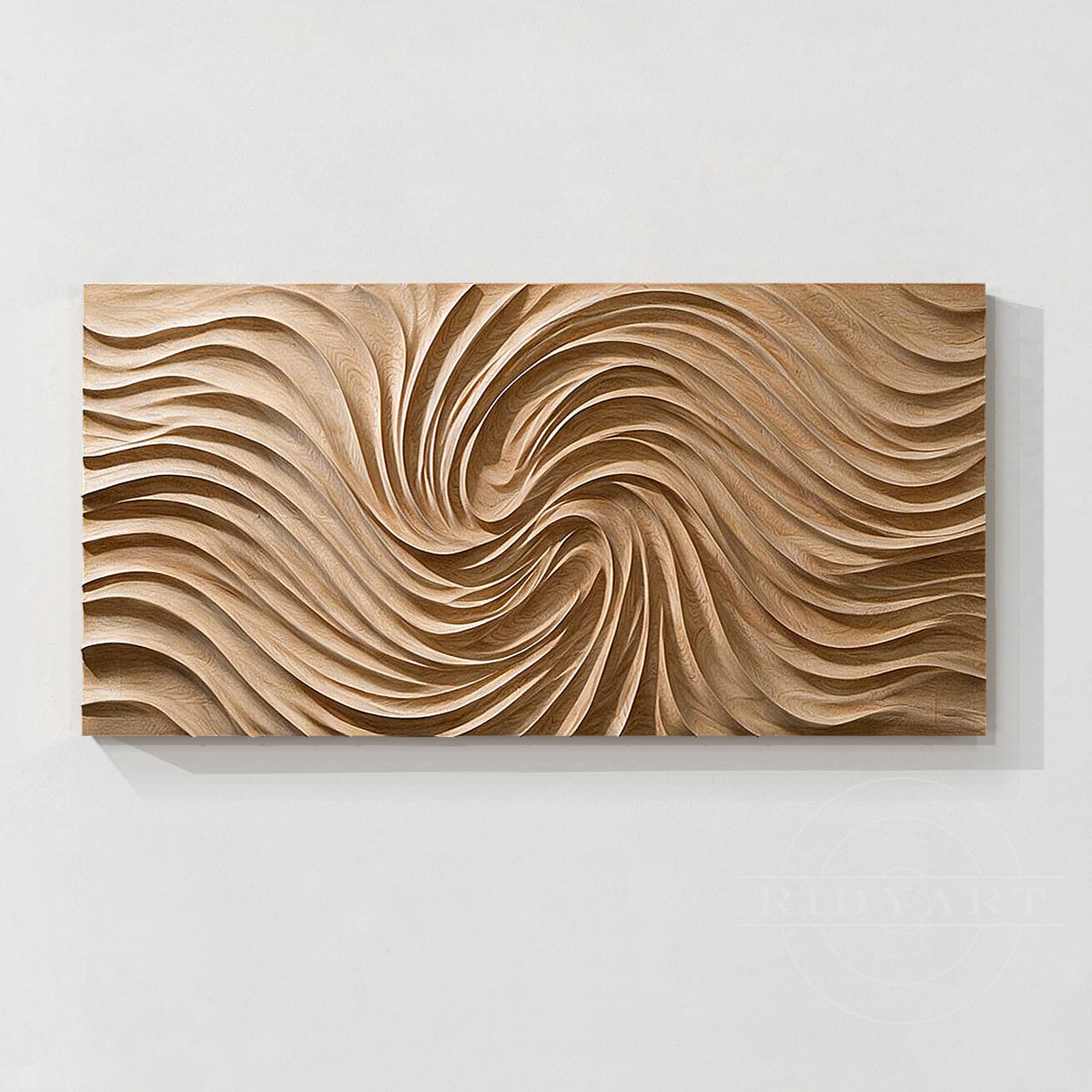 Carved wood wave wall art displayed above sofa in warm modern living room