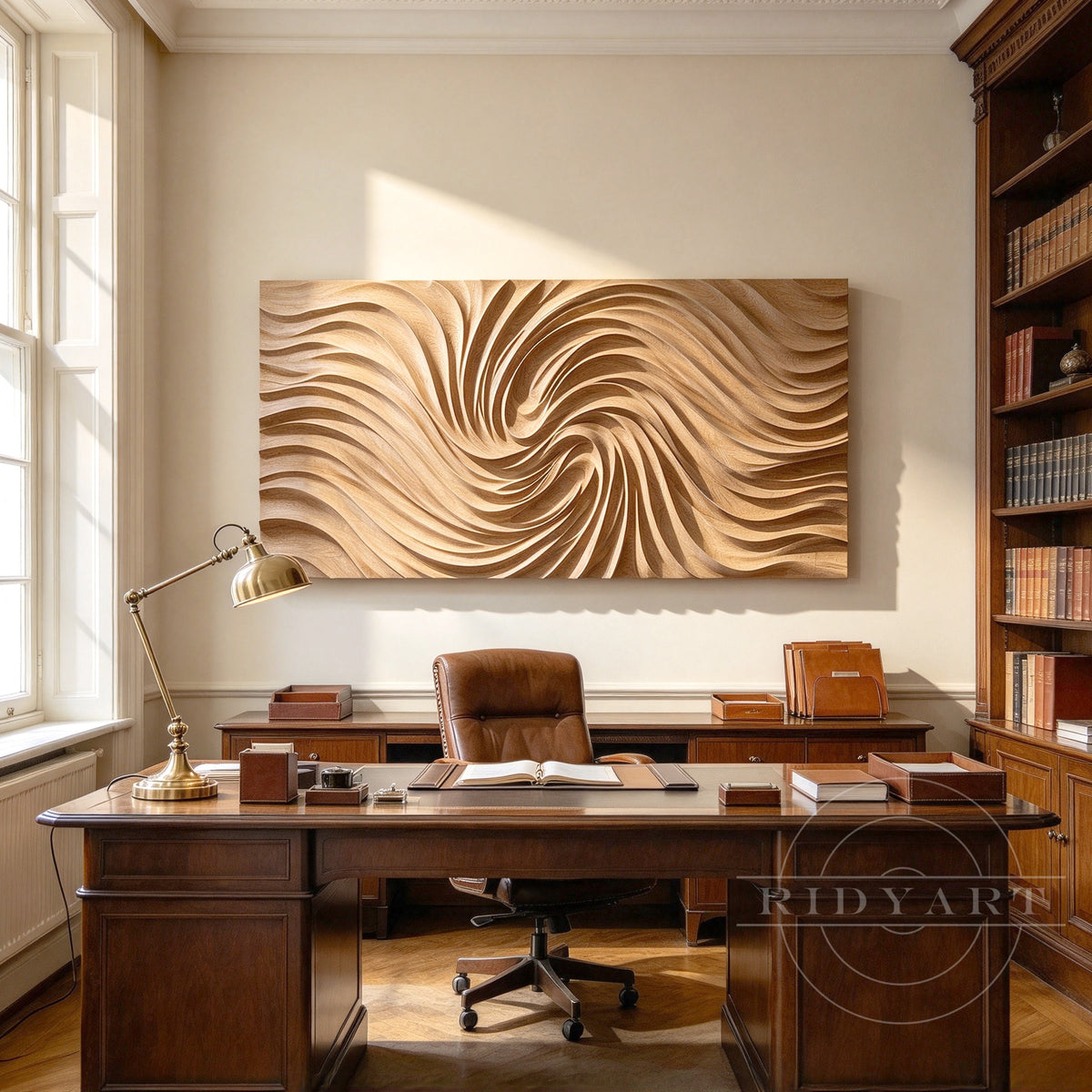 Side view showing three-dimensional carved depth of oak wave wall art