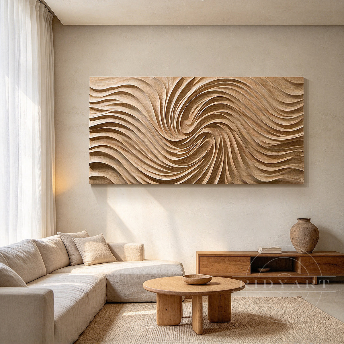 Close-up of spiral carved grooves and concentric curves in oak wood wall art