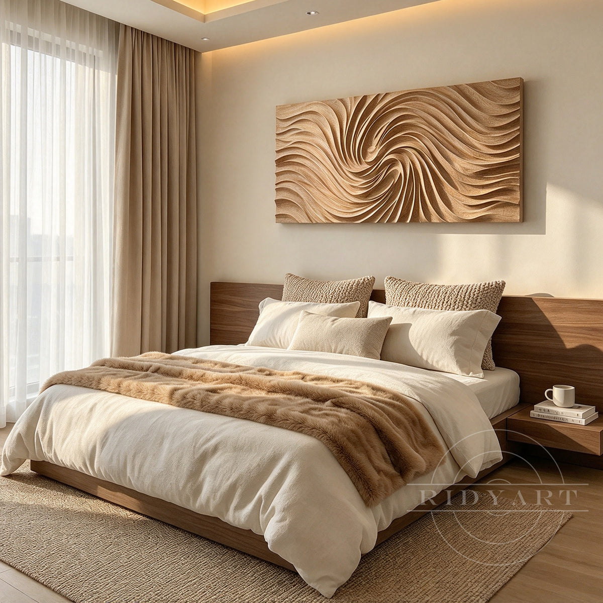 Warm honey brown and caramel wood texture of carved spiral wall art