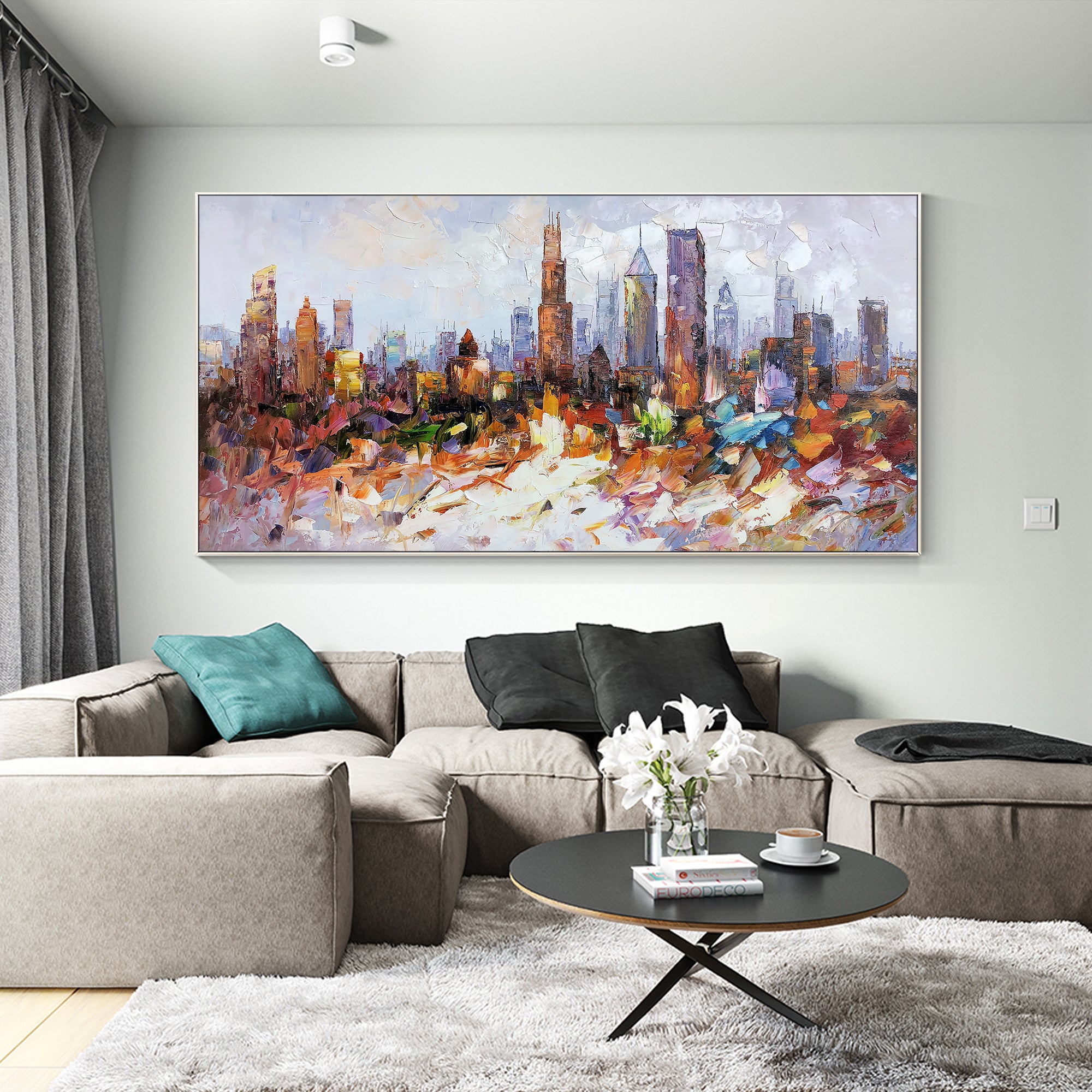 Abstract Chicago cityscape painting with textured wall art design.