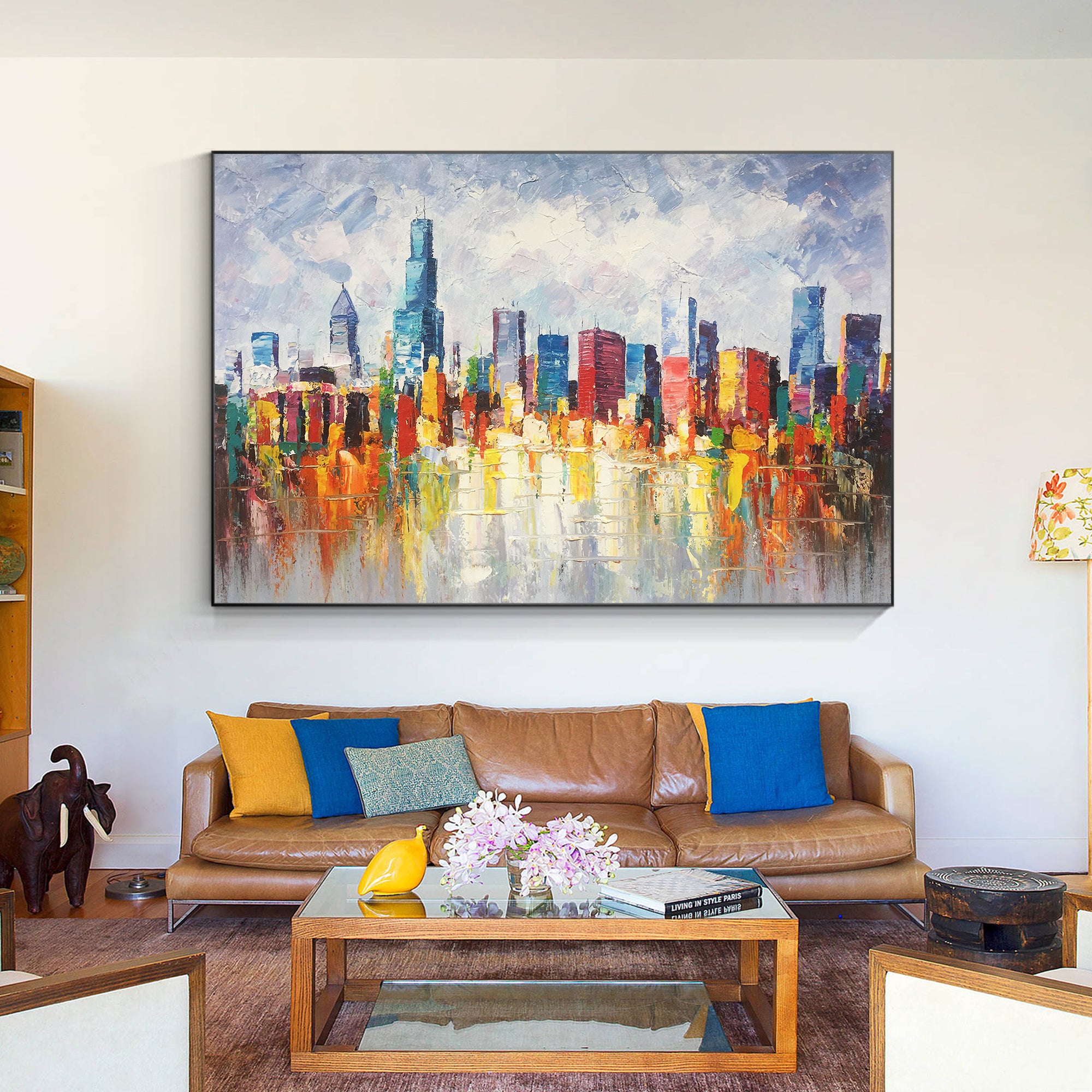 Abstract textured painting of Chicago skyline, modern and colorful.