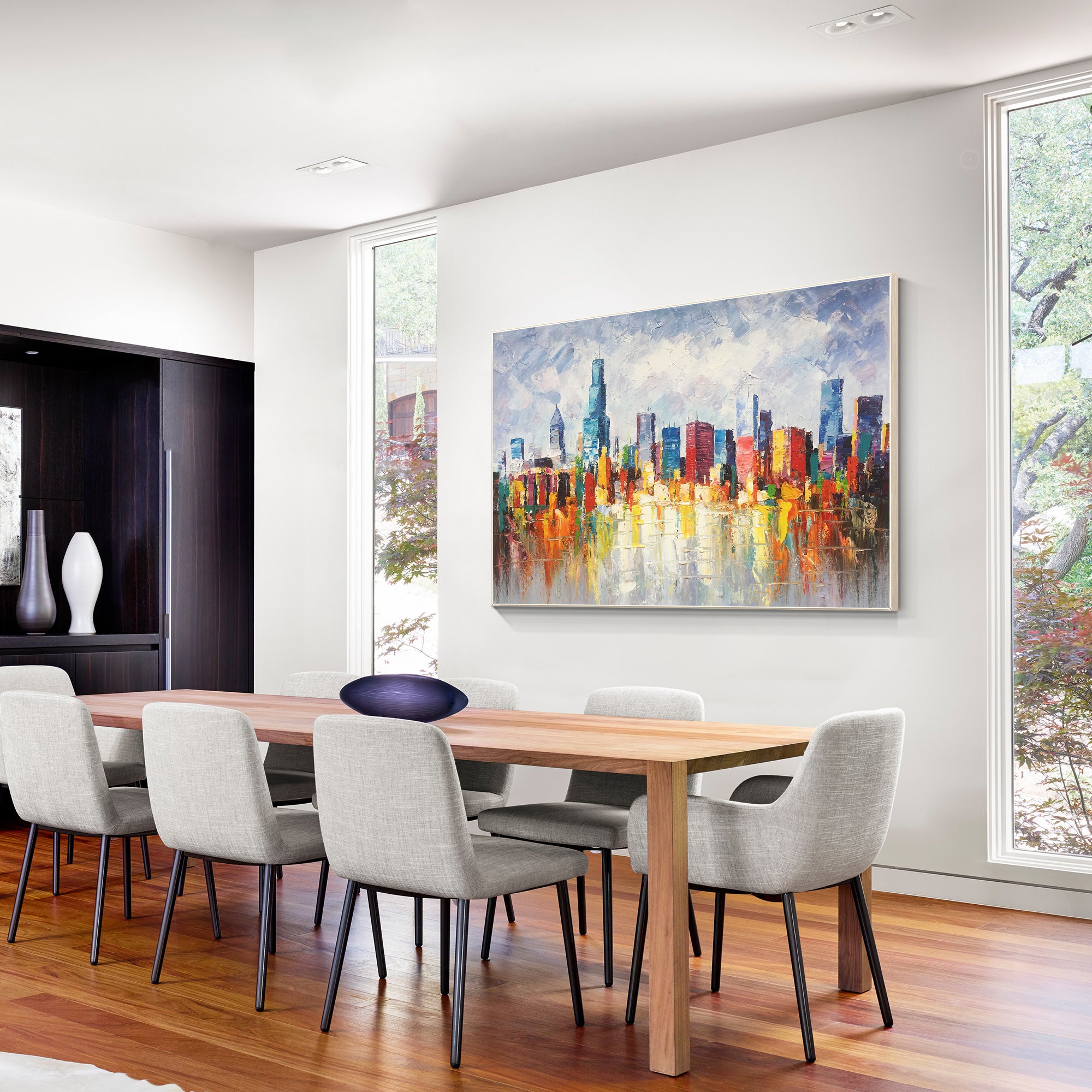 Colorful abstract Chicago skyline painting with textured details.