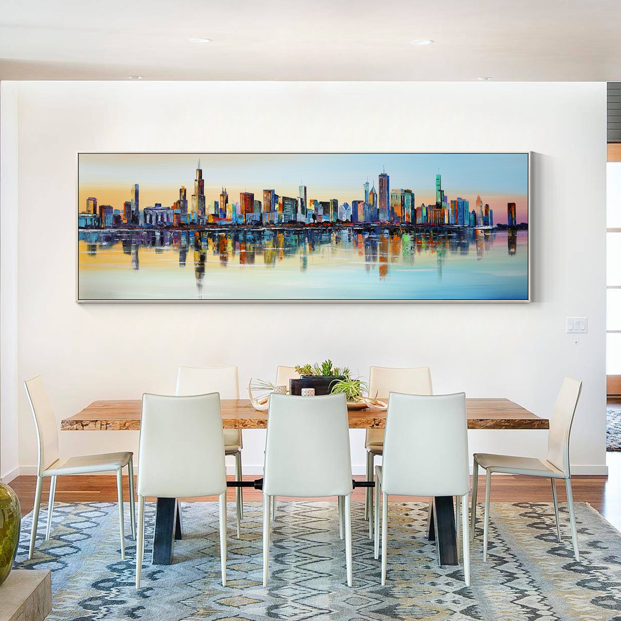 Abstract Chicago sunset skyline painting with colorful textures.