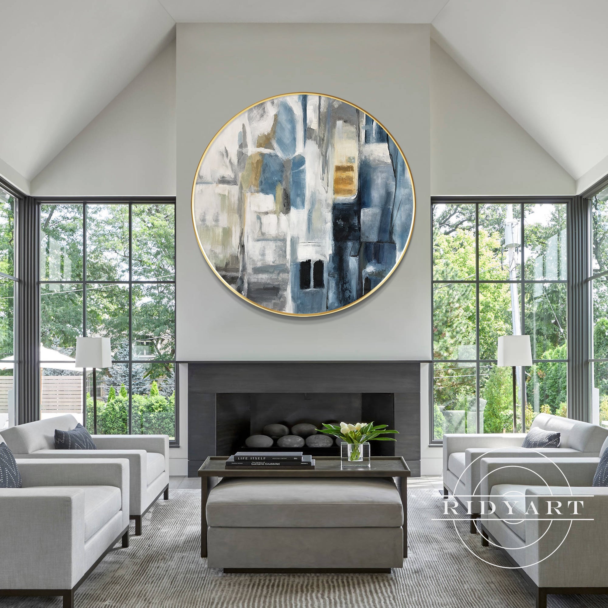 Framed round canvas artwork with modern neutral tones