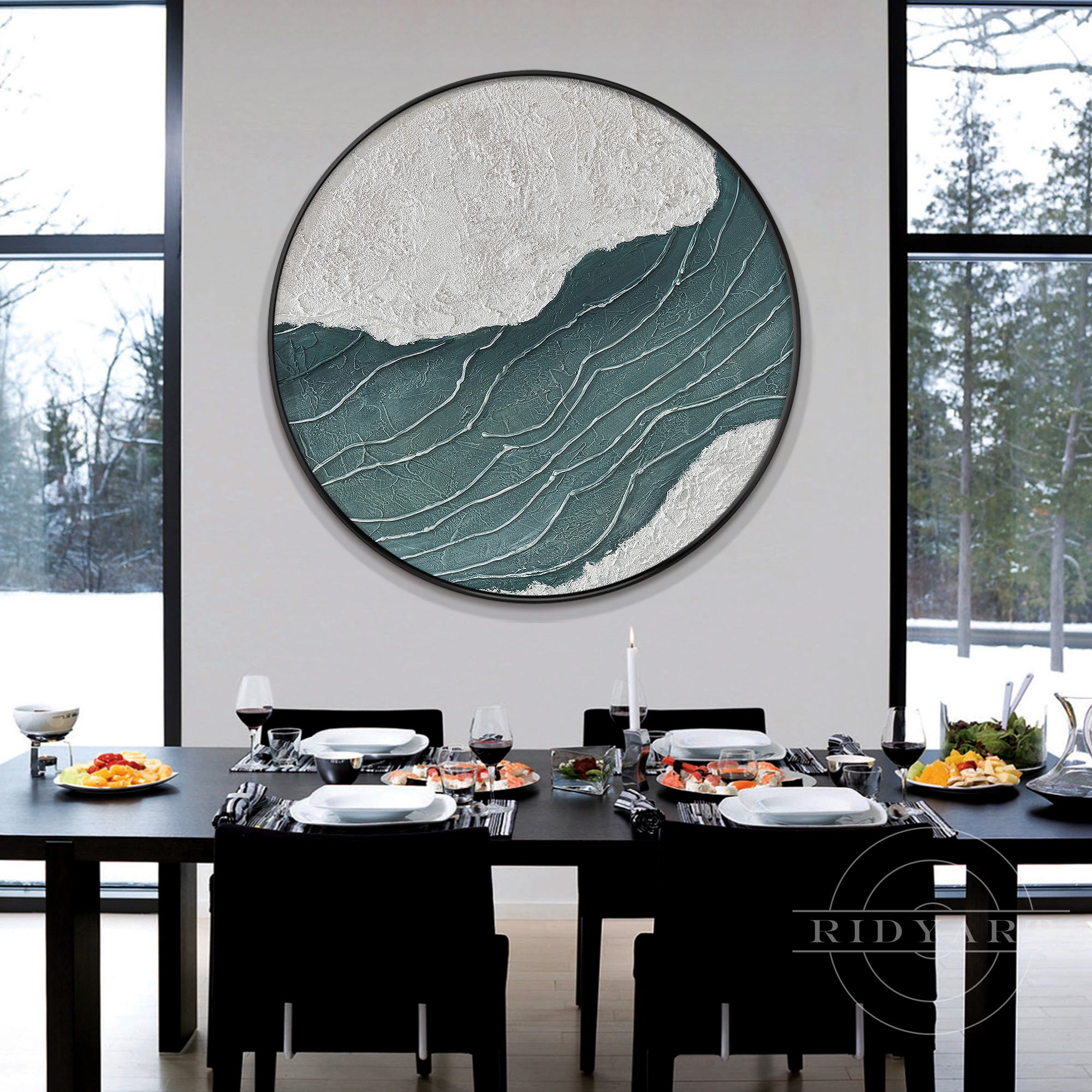 Circular abstract oil painting inspired by a serene blue-green seascape