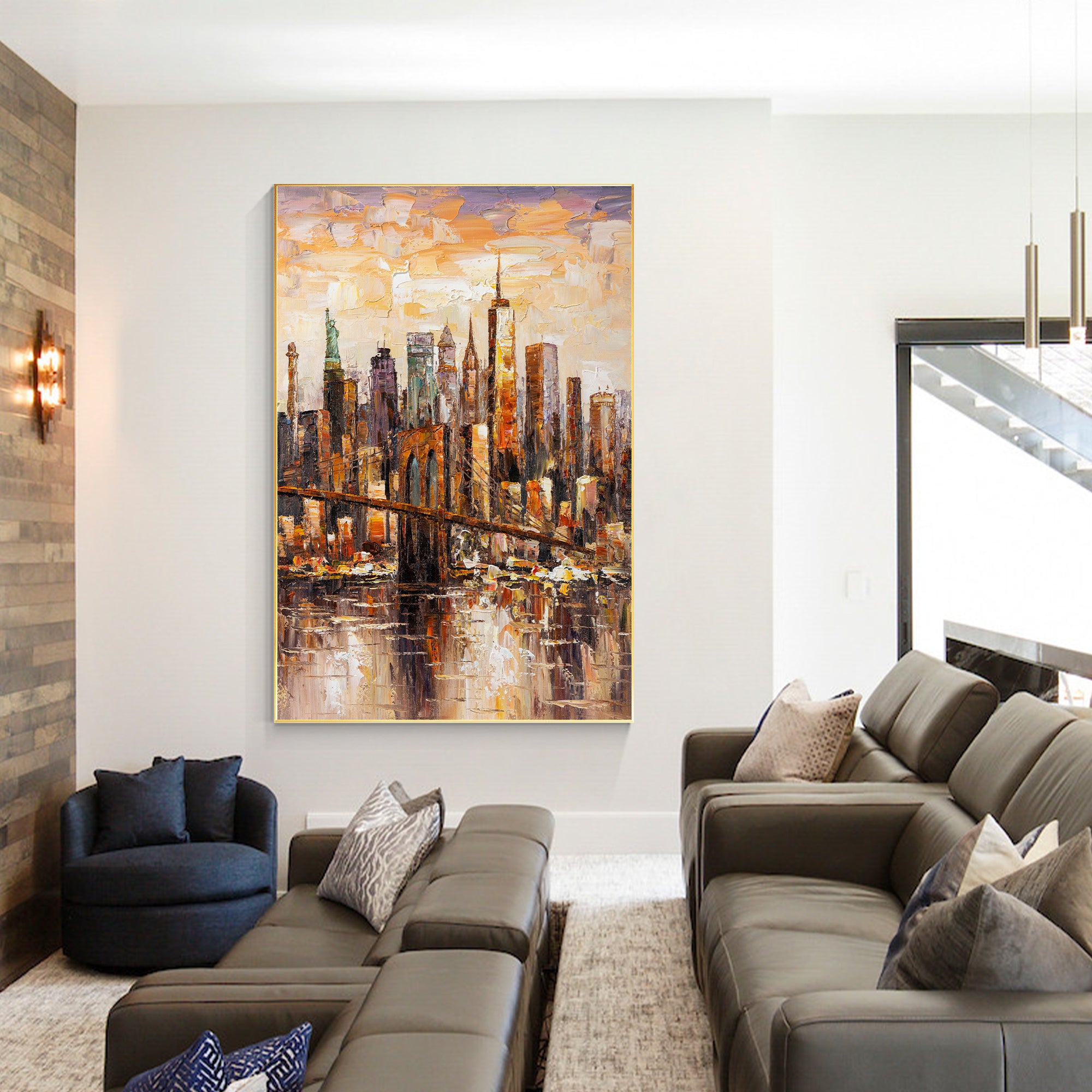 Brooklyn skyline wall art with abstract design and rich textures, perfect for urban-style interiors.