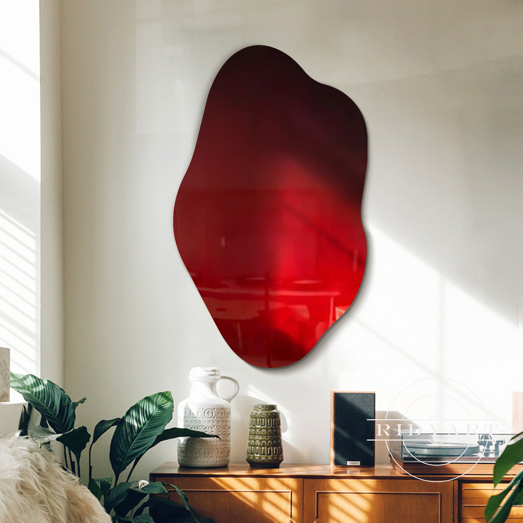 Bold neon red wall art with ombre fade and abstract pattern