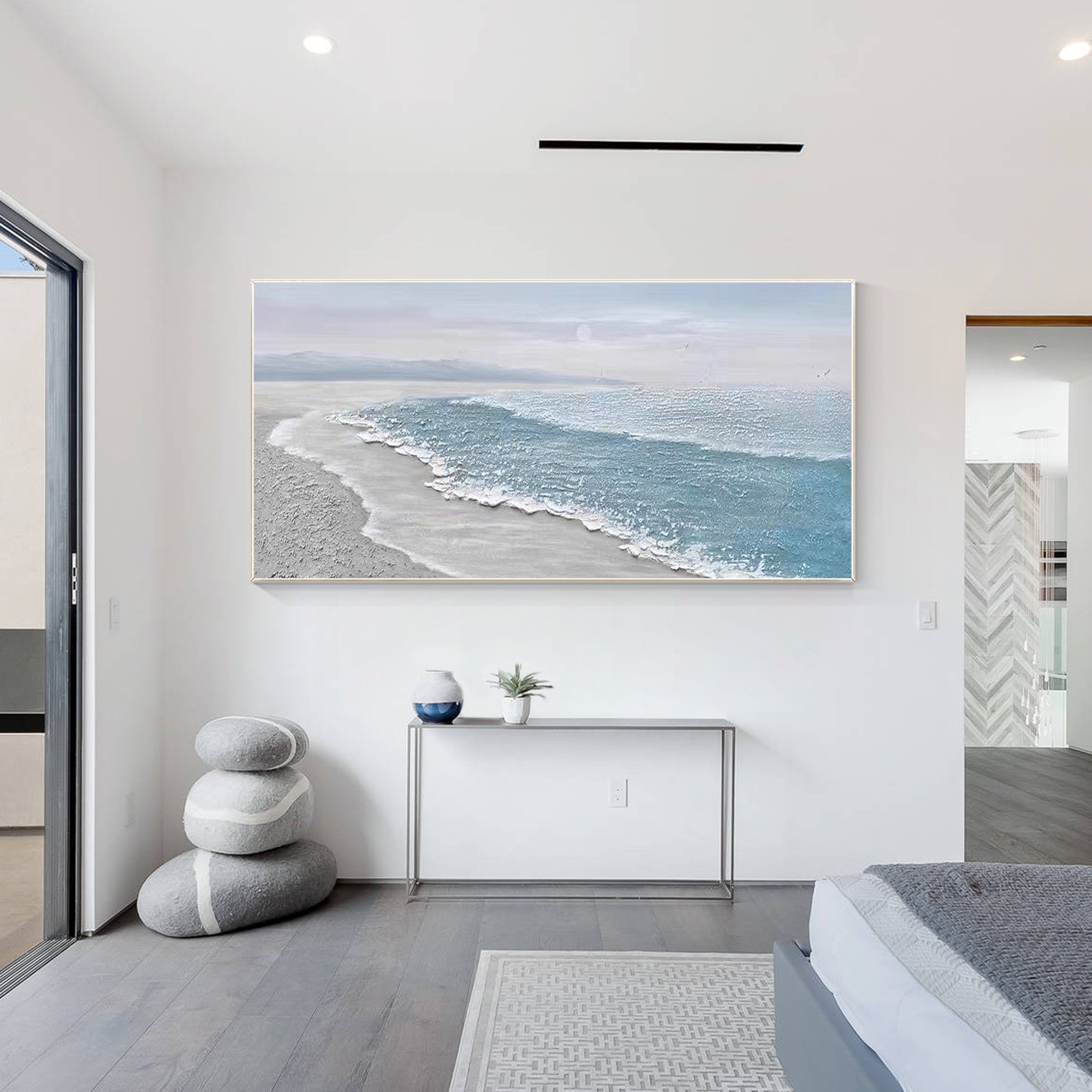 Textured blue-gray beach scene painting, perfect for coastal-inspired decor