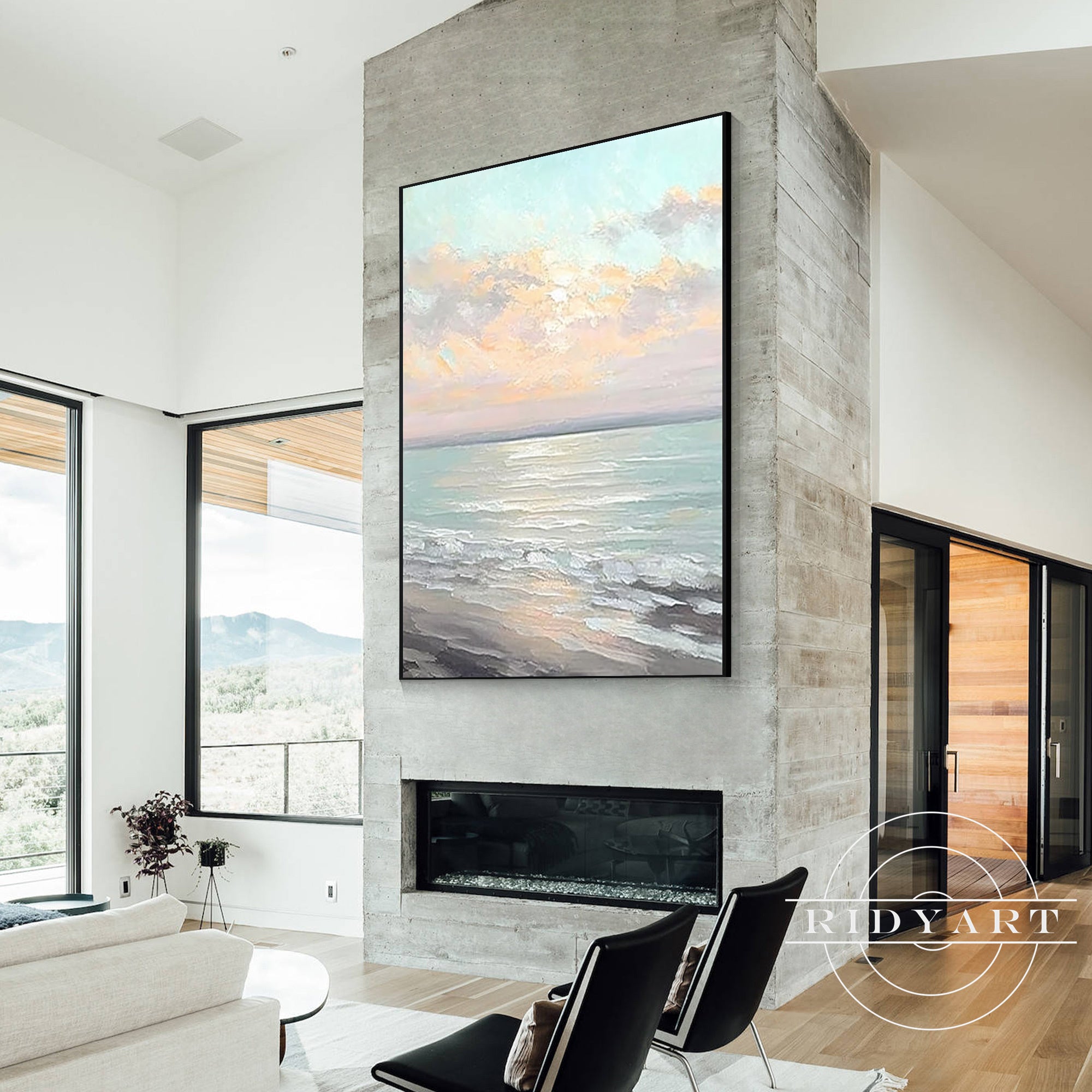 Coastal beach sunrise wall art blue grey ocean canvas