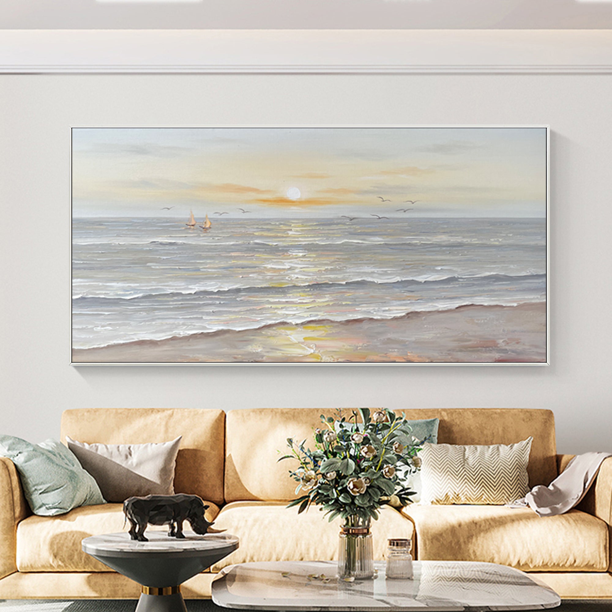 Coastal beach sunset landscape textured painting on canvas with warm colors.