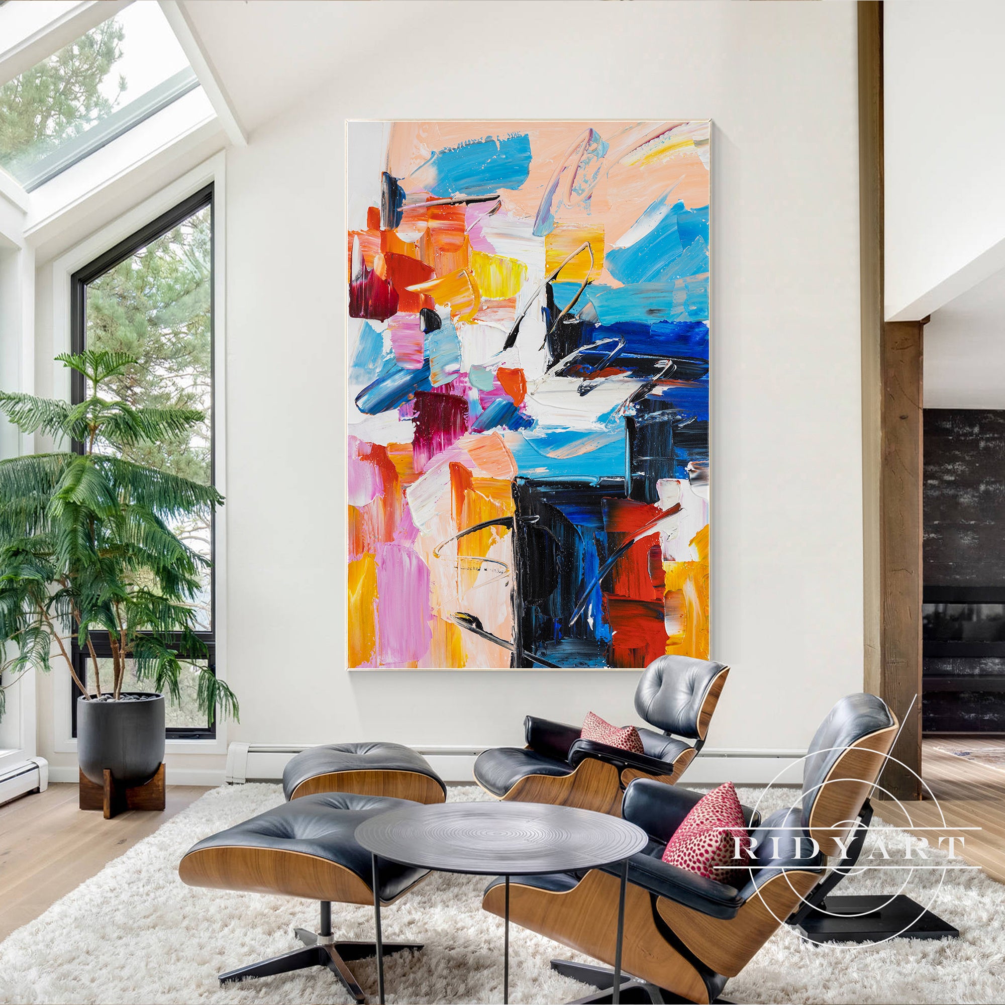 Colorful abstract wall art with textured brushstrokes and vibrant colors.
