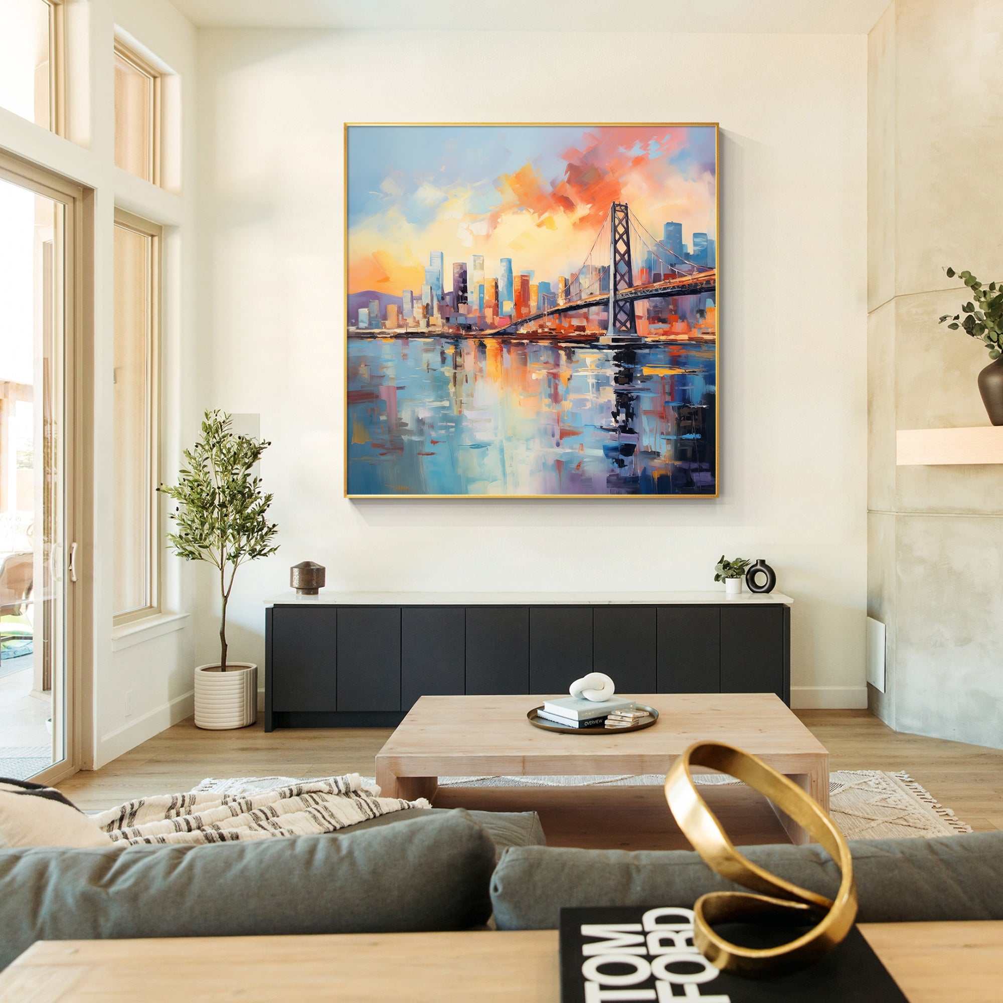 Cityscape wall art with bold yellow, orange, and navy blue tones