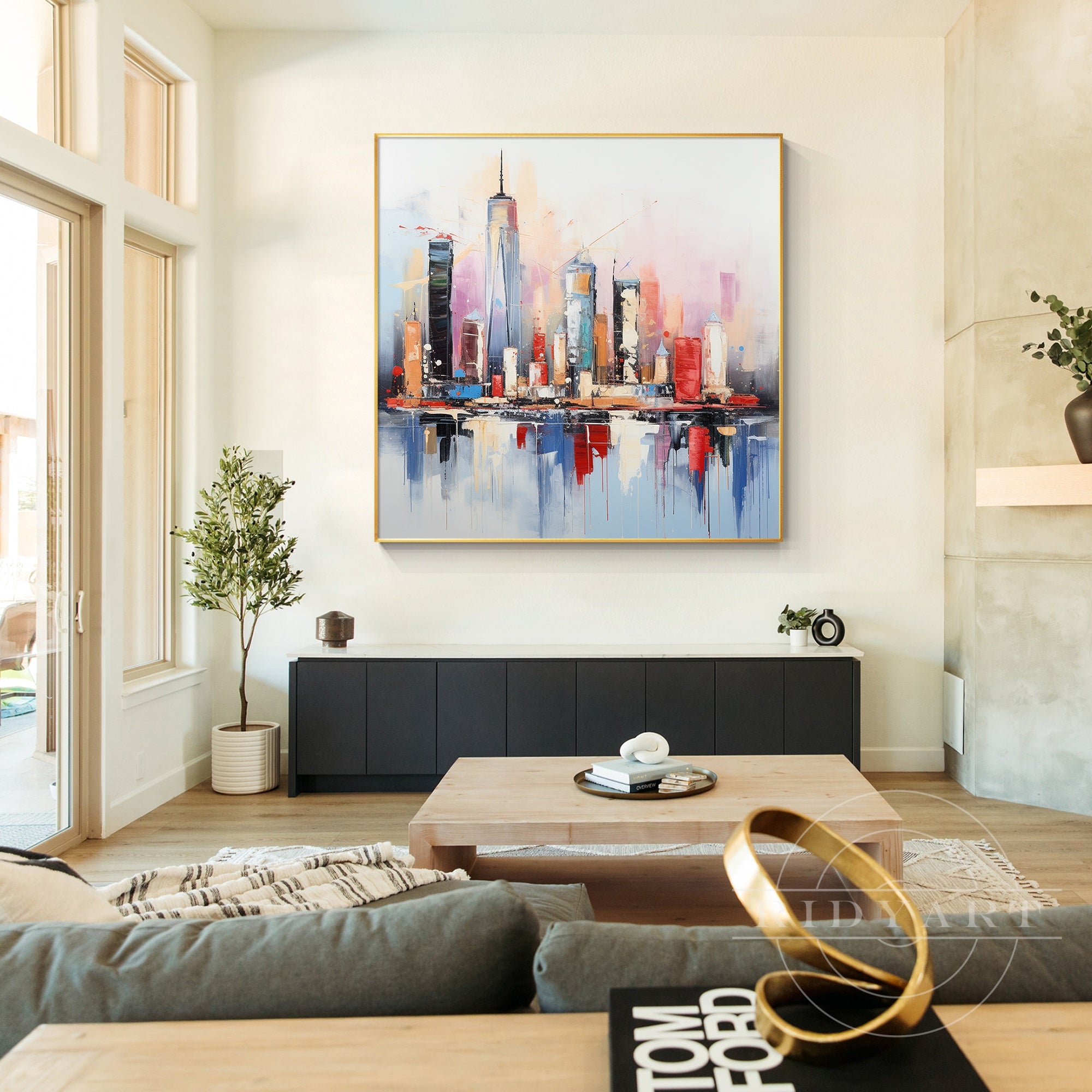 Colorful cityscape painting for living room and bedroom decor.