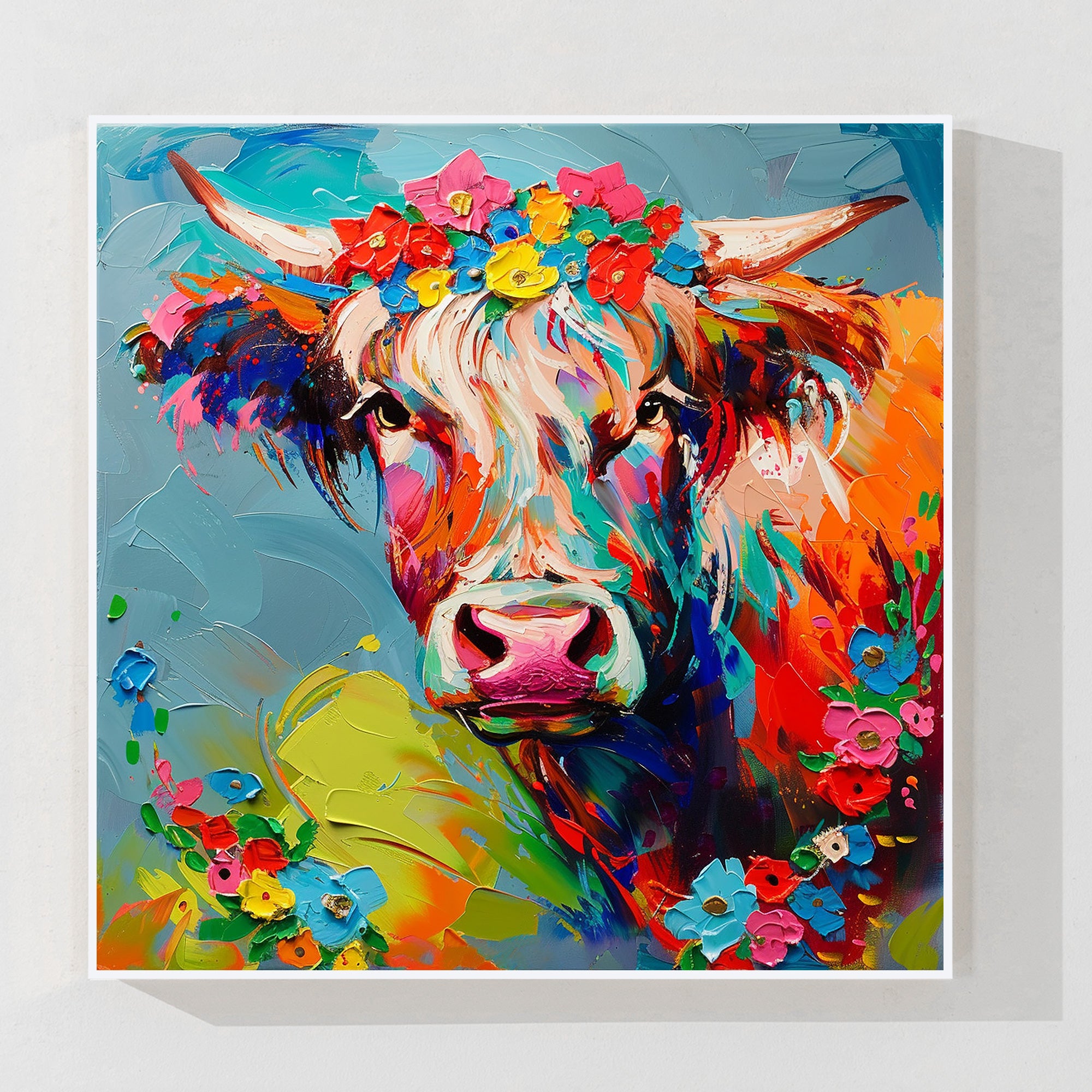 Colorful cow portrait 3D textured painting on canvas