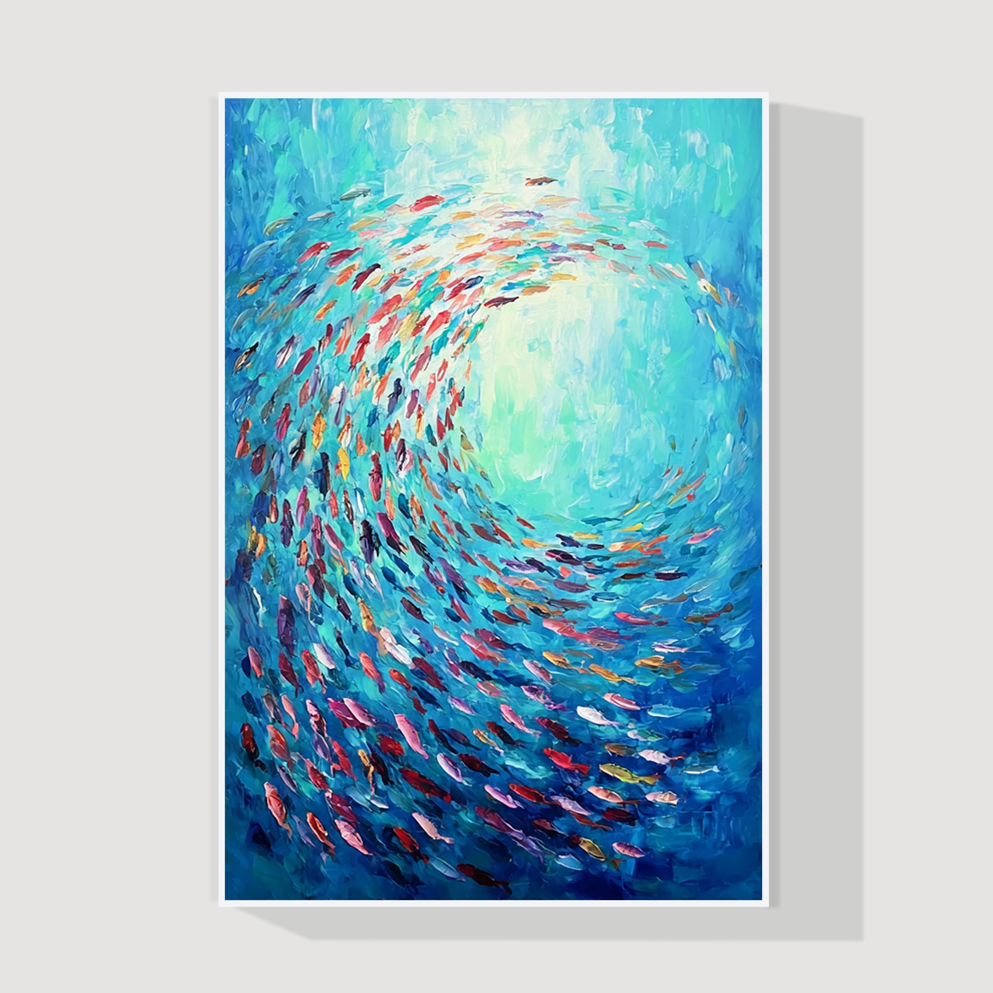 Hand-painted school of fish swimming in blue ocean