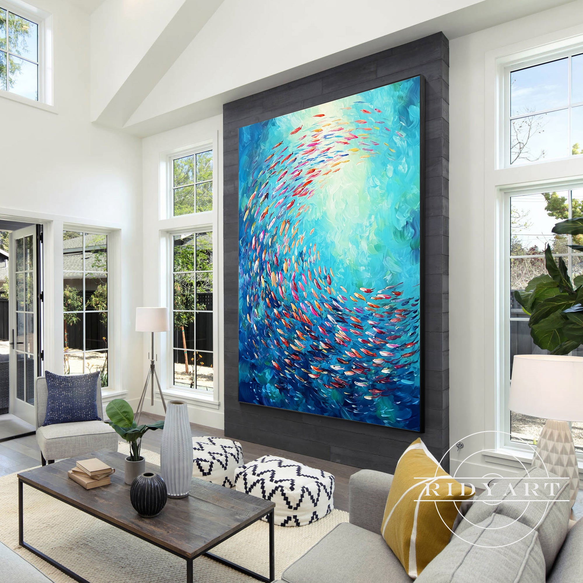 Colorful marine fish wall art in vertical coastal style